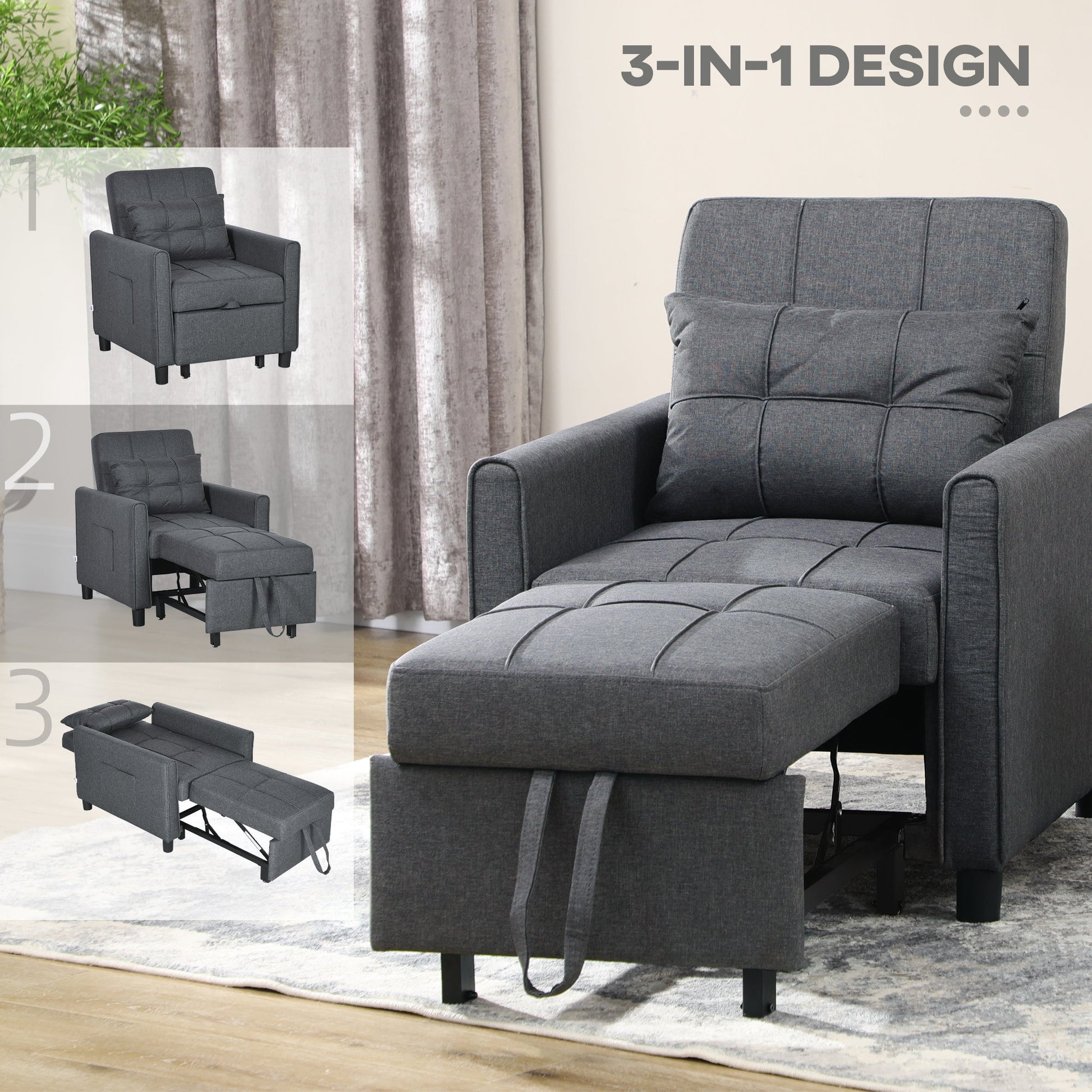 HOMCOM Compact Single Sofa Bed, Pull Out Chair Bed, Convertible Sleeper Chair with Adjustable Backrest, Pillow, Side Pockets for Home Office, Bedroom, Living Room, Grey