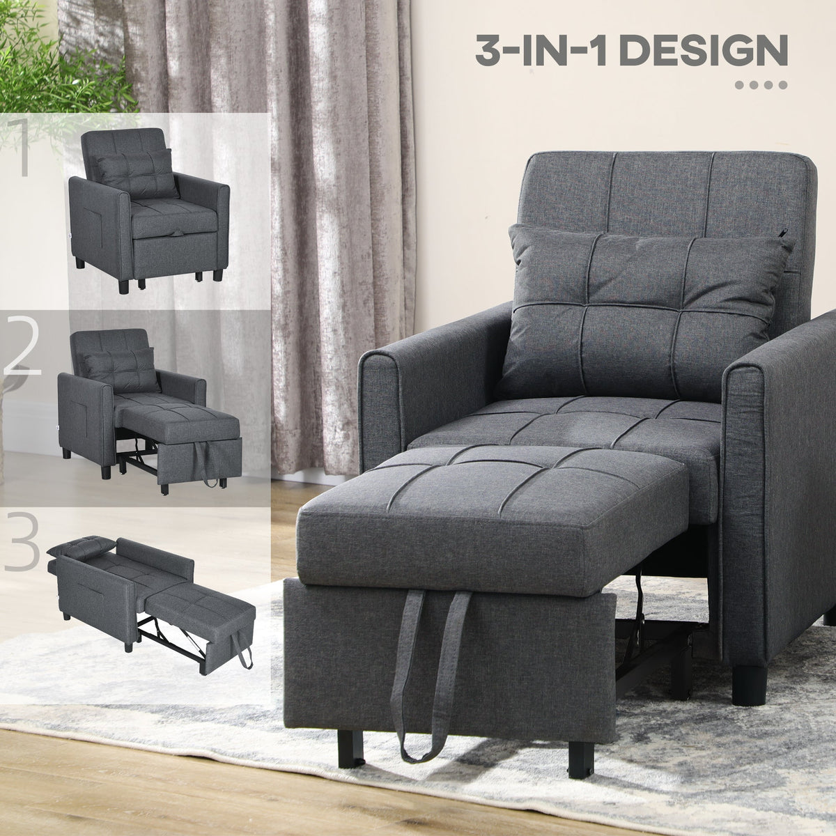 HOMCOM Compact Single Sofa Bed, Pull Out Chair Bed, Convertible Sleeper Chair with Adjustable Backrest, Pillow, Side Pockets for Home Office, Bedroom, Living Room, Grey
