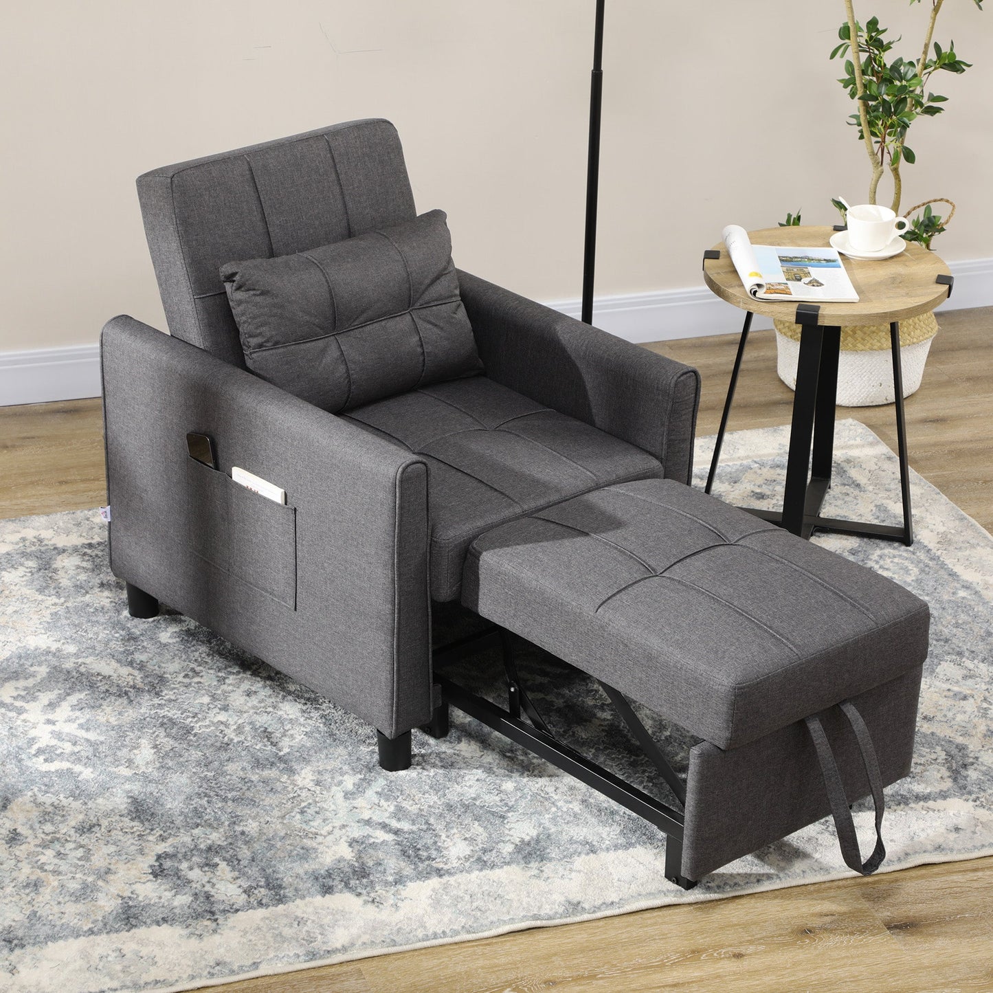 HOMCOM Compact Single Sofa Bed, Pull Out Chair Bed, Convertible Sleeper Chair with Adjustable Backrest, Pillow, Side Pockets for Home Office, Bedroom, Living Room, Grey