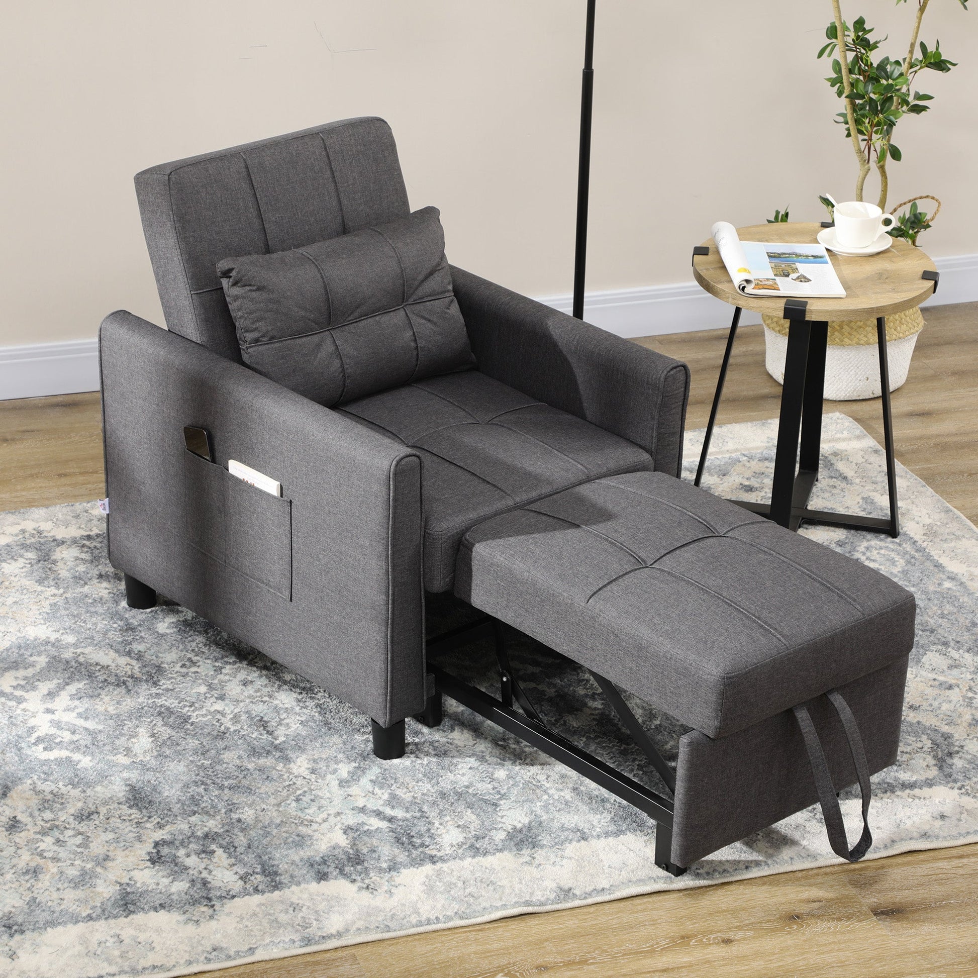 HOMCOM Compact Single Sofa Bed, Pull Out Chair Bed, Convertible Sleeper Chair with Adjustable Backrest, Pillow, Side Pockets for Home Office, Bedroom, Living Room, Grey