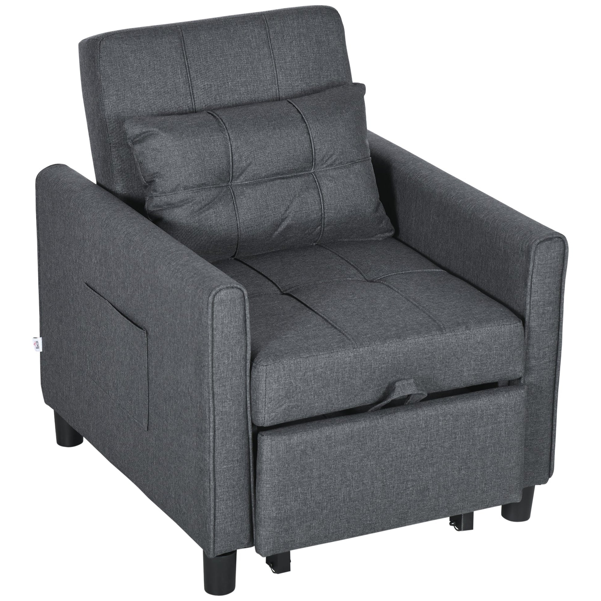 HOMCOM Compact Single Sofa Bed, Pull Out Chair Bed, Convertible Sleeper Chair with Adjustable Backrest, Pillow, Side Pockets for Home Office, Bedroom, Living Room, Grey