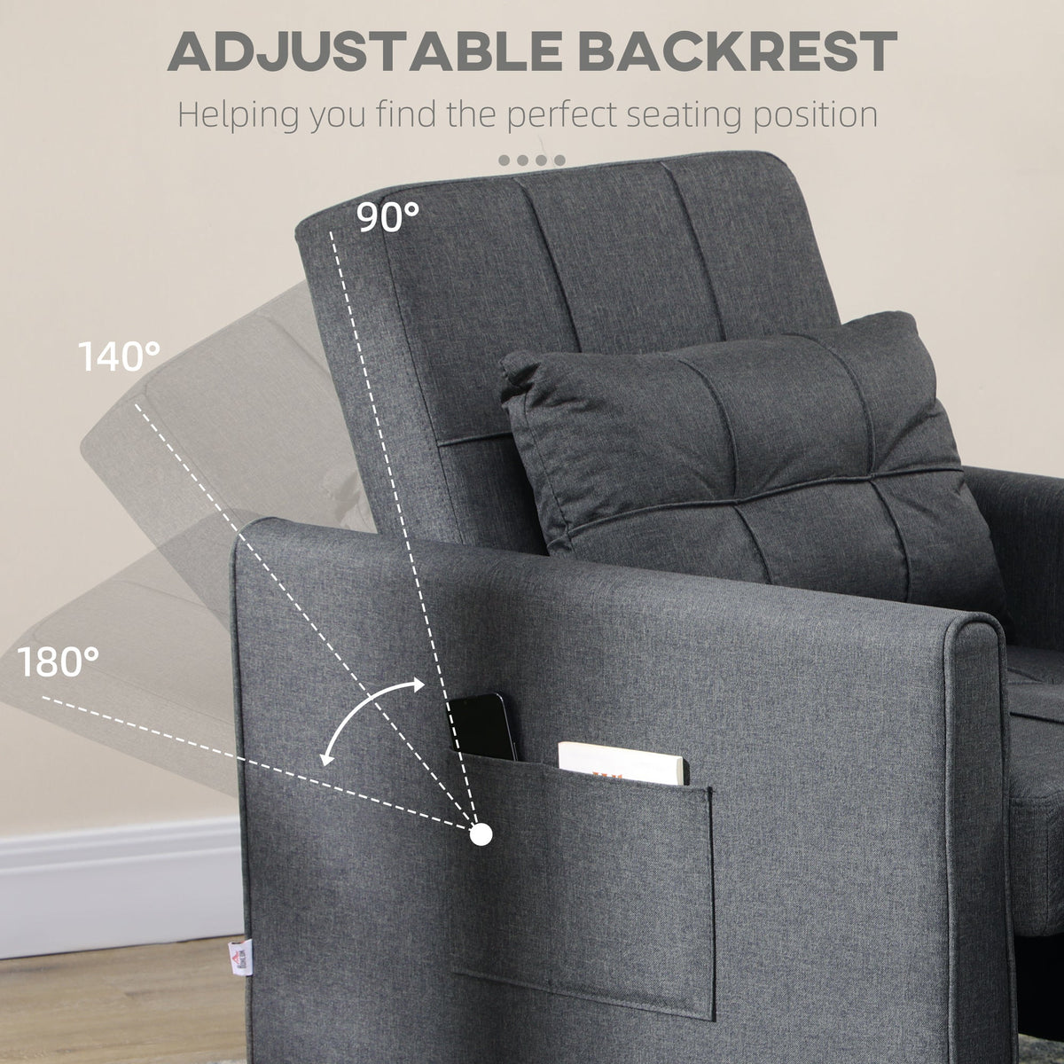 HOMCOM Compact Single Sofa Bed, Pull Out Chair Bed, Convertible Sleeper Chair with Adjustable Backrest, Pillow, Side Pockets for Home Office, Bedroom, Living Room, Grey