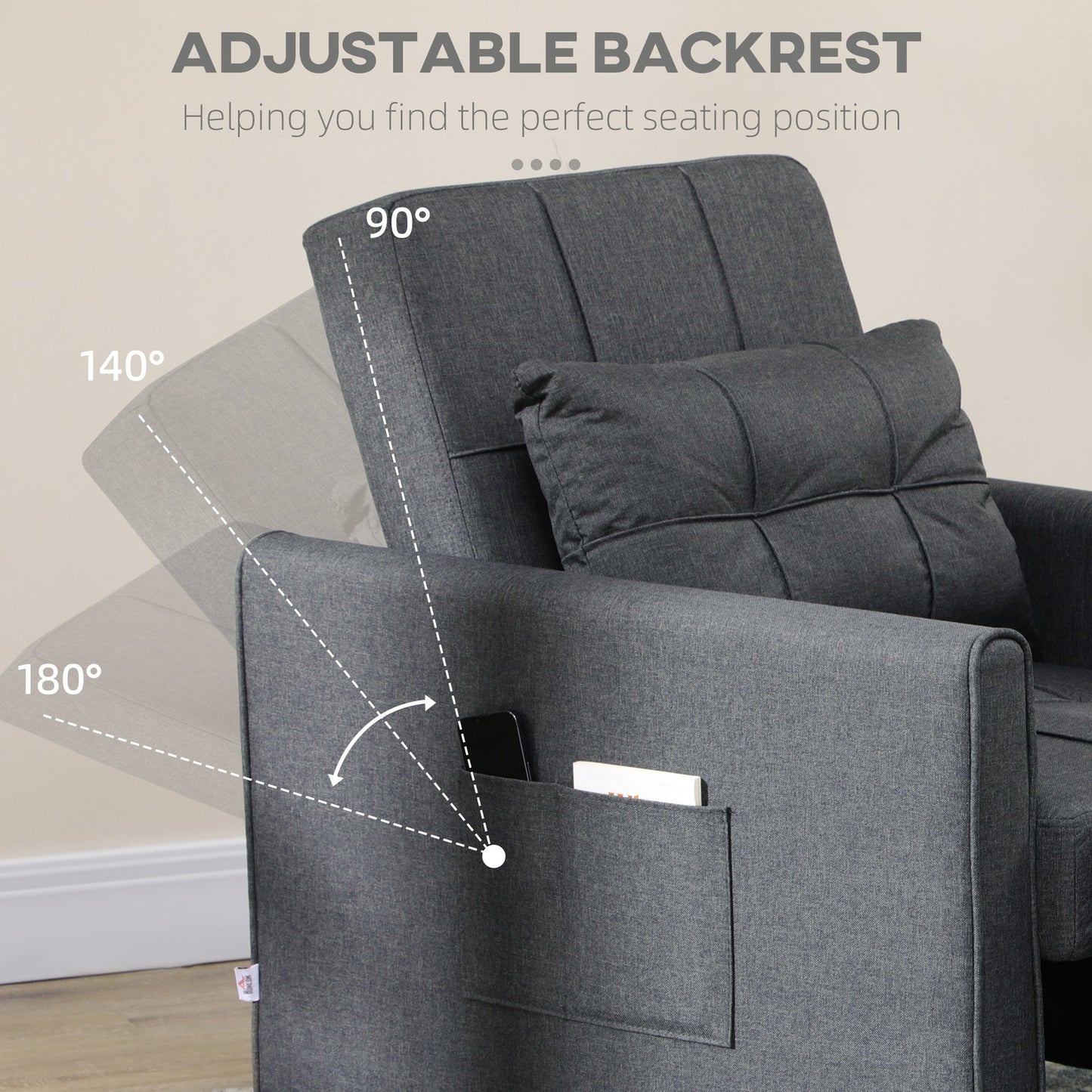 HOMCOM Compact Single Sofa Bed, Pull Out Chair Bed, Convertible Sleeper Chair with Adjustable Backrest, Pillow, Side Pockets for Home Office, Bedroom, Living Room, Grey