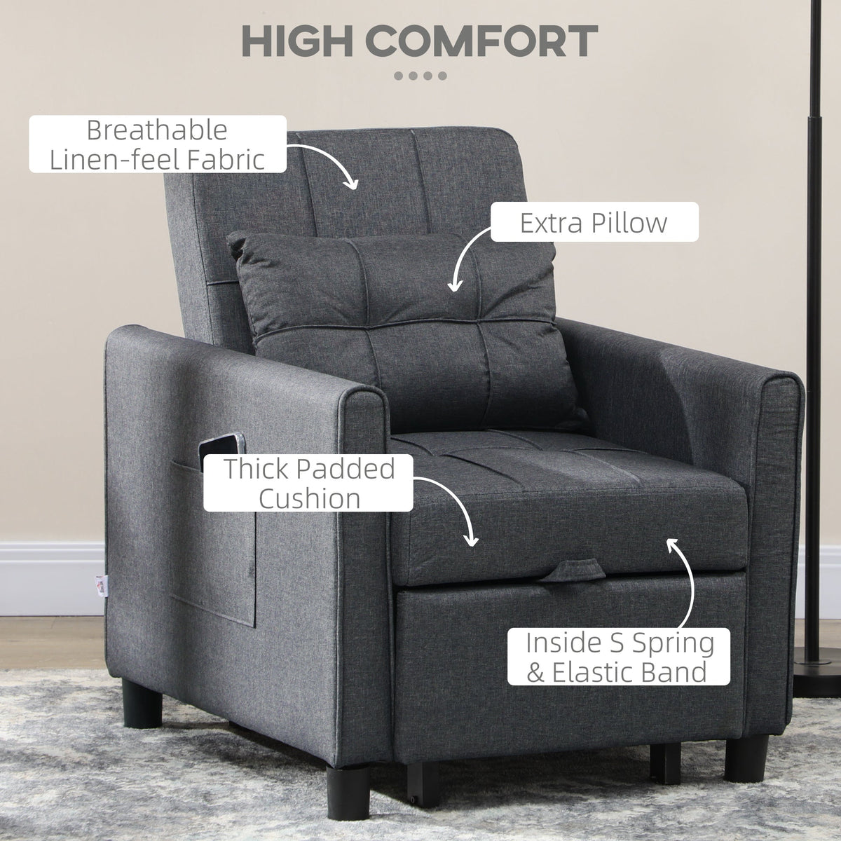 HOMCOM Compact Single Sofa Bed, Pull Out Chair Bed, Convertible Sleeper Chair with Adjustable Backrest, Pillow, Side Pockets for Home Office, Bedroom, Living Room, Grey