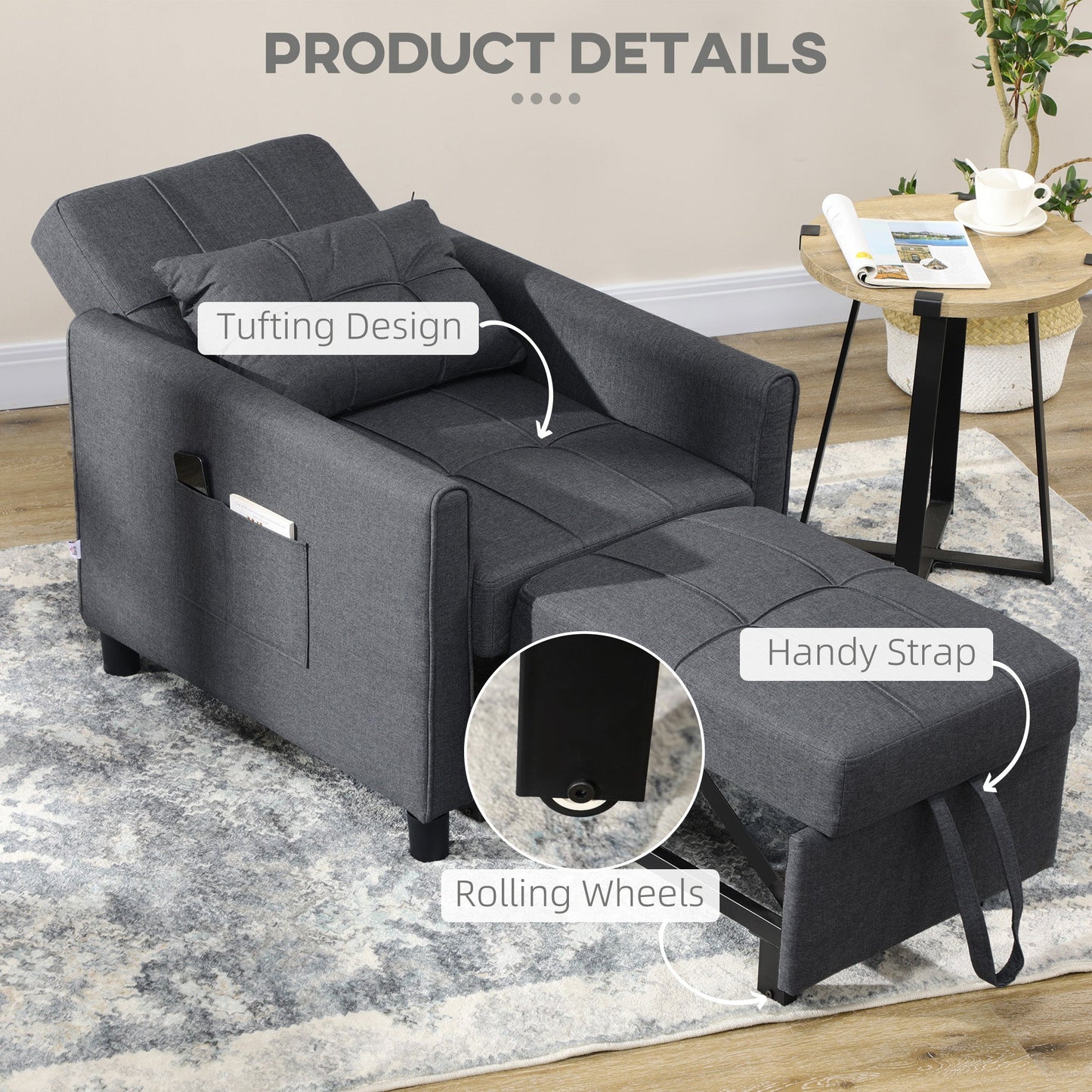 HOMCOM Compact Single Sofa Bed, Pull Out Chair Bed, Convertible Sleeper Chair with Adjustable Backrest, Pillow, Side Pockets for Home Office, Bedroom, Living Room, Grey
