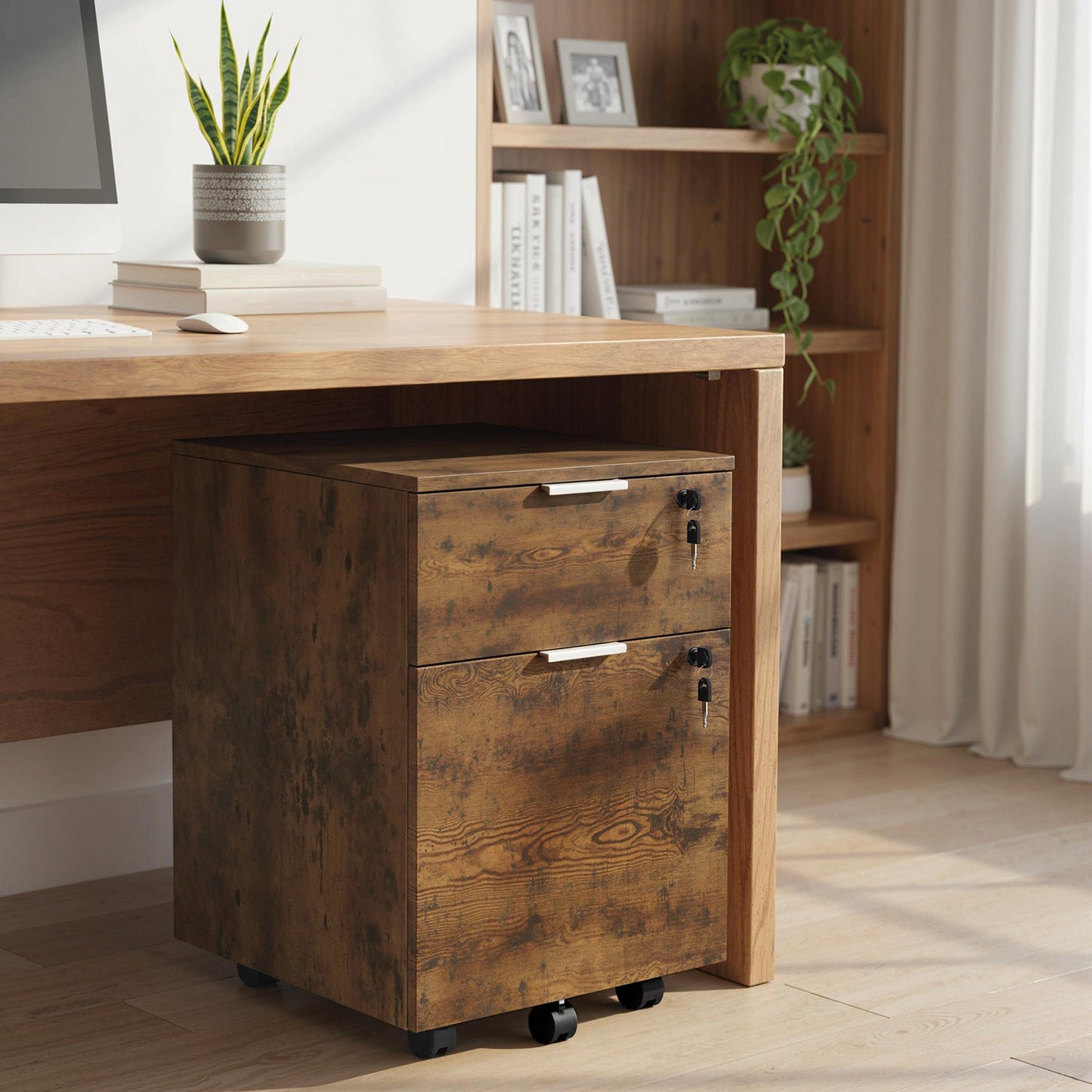 Mobile File Cabinet with Wheels and Lock, 2 Drawer Under Desk Office Cabinet, Adjustable A4 and Letter Hanging Bars, Black and Rustic Brown