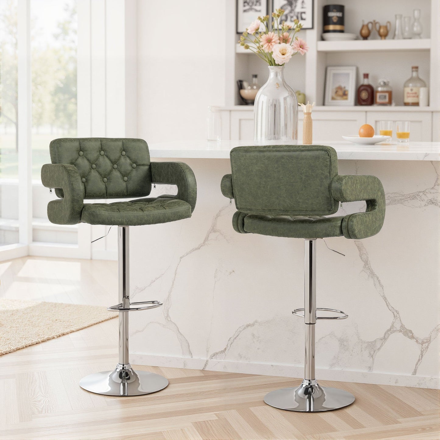 Swivel Bar Stool with Extra Large Seat, PU Leather Upholstered Adjustable Barstool with Back, Arm and Footrest, Breakfast Bar Chair for Bistro, Kitchen, Green