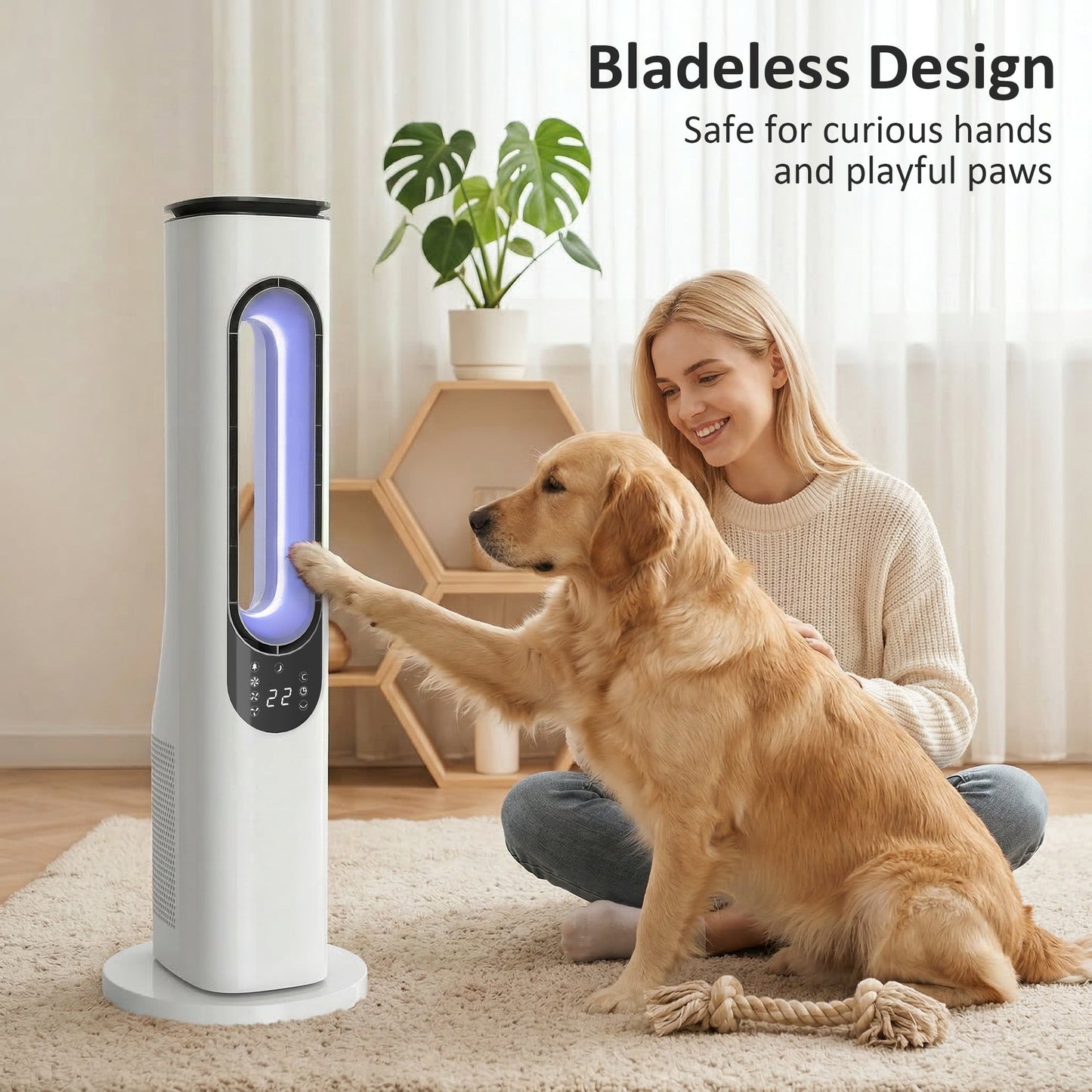 Bladeless Tower Fan for Bedroom, 35dB Standing Cooling Fan with 50° Oscillating, LED Lights, 3 Speeds, 3 Modes, 15H Timer, LED Display and Remote Control, White