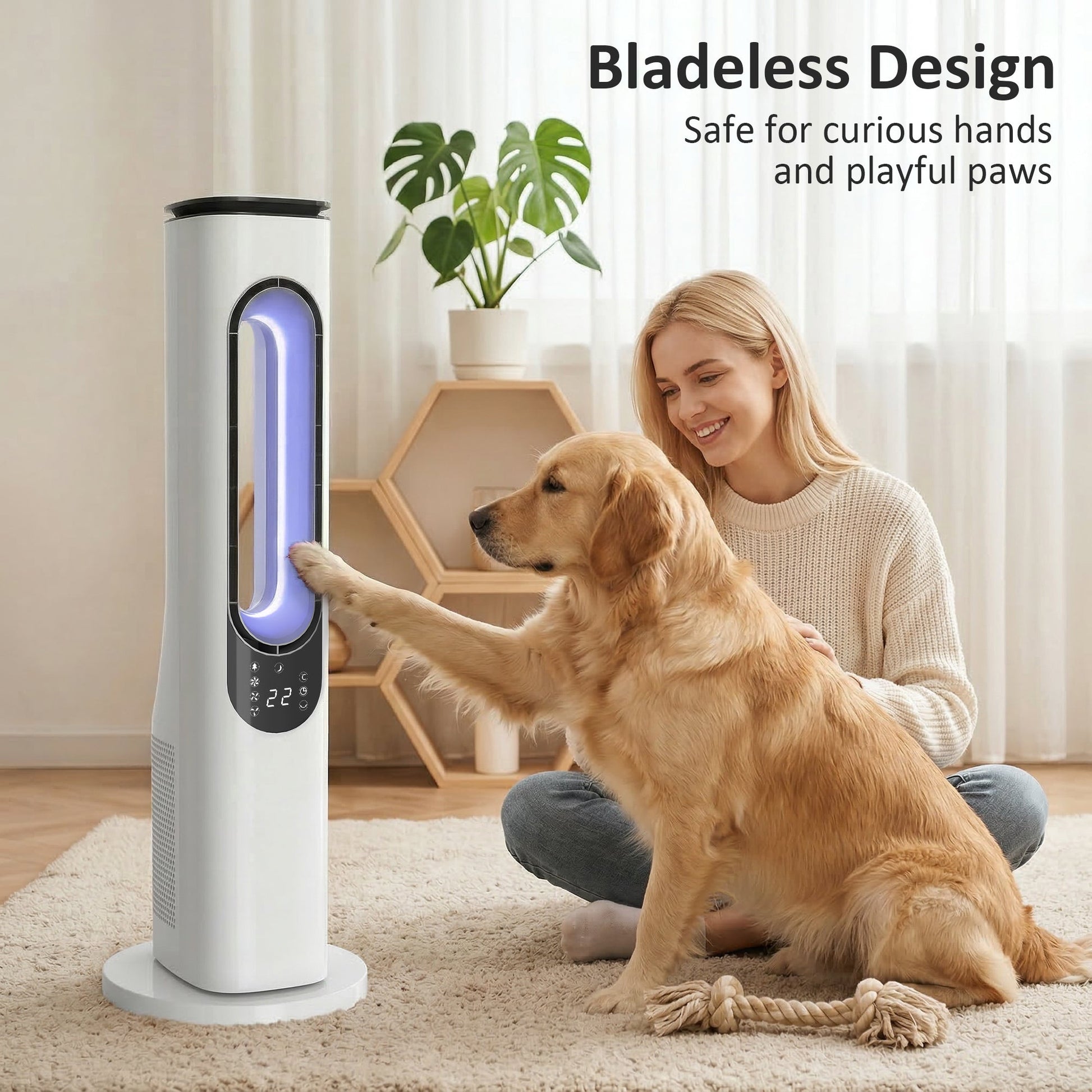 Bladeless Tower Fan for Bedroom, 35dB Standing Cooling Fan with 50° Oscillating, LED Lights, 3 Speeds, 3 Modes, 15H Timer, LED Display and Remote Control, White