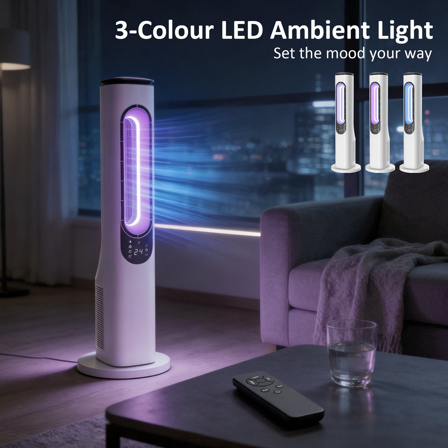 Bladeless Tower Fan for Bedroom, 35dB Standing Cooling Fan with 50° Oscillating, LED Lights, 3 Speeds, 3 Modes, 15H Timer, LED Display and Remote Control, White