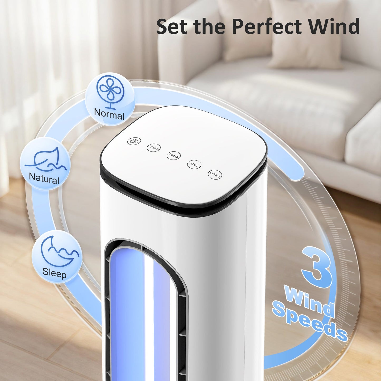 Bladeless Tower Fan for Bedroom, 35dB Standing Cooling Fan with 50° Oscillating, LED Lights, 3 Speeds, 3 Modes, 15H Timer, LED Display and Remote Control, White