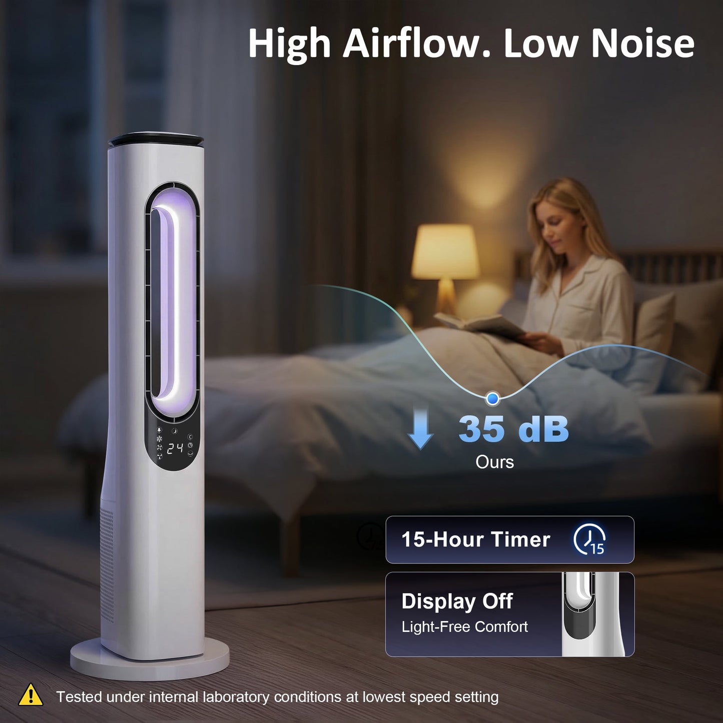 Bladeless Tower Fan for Bedroom, 35dB Standing Cooling Fan with 50° Oscillating, LED Lights, 3 Speeds, 3 Modes, 15H Timer, LED Display and Remote Control, White
