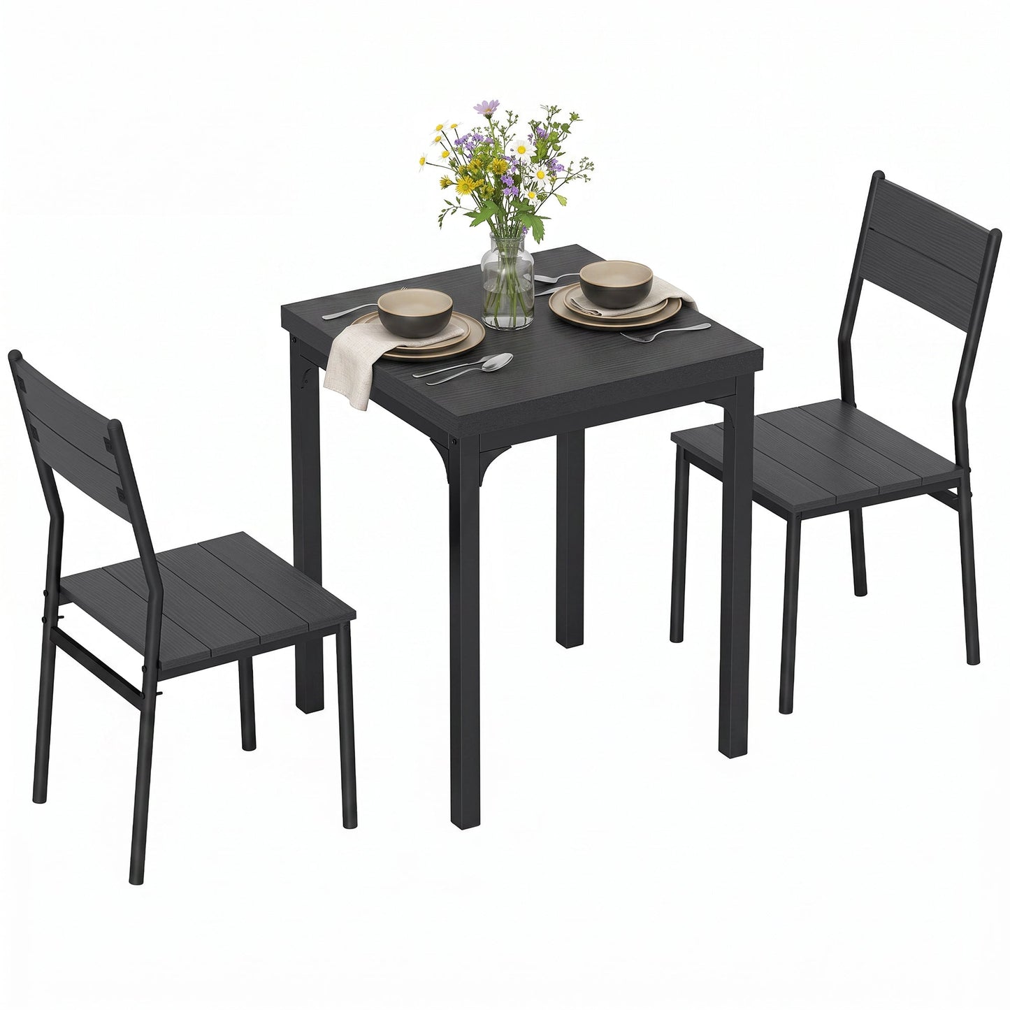 3 Pieces Modern Dining Table Set, Kitchen Table and Chairs for 2, Space Saving Design, Breakfast Nook Table Set with Steel Legs for Kitchen, Small Space, Black Wood Effect