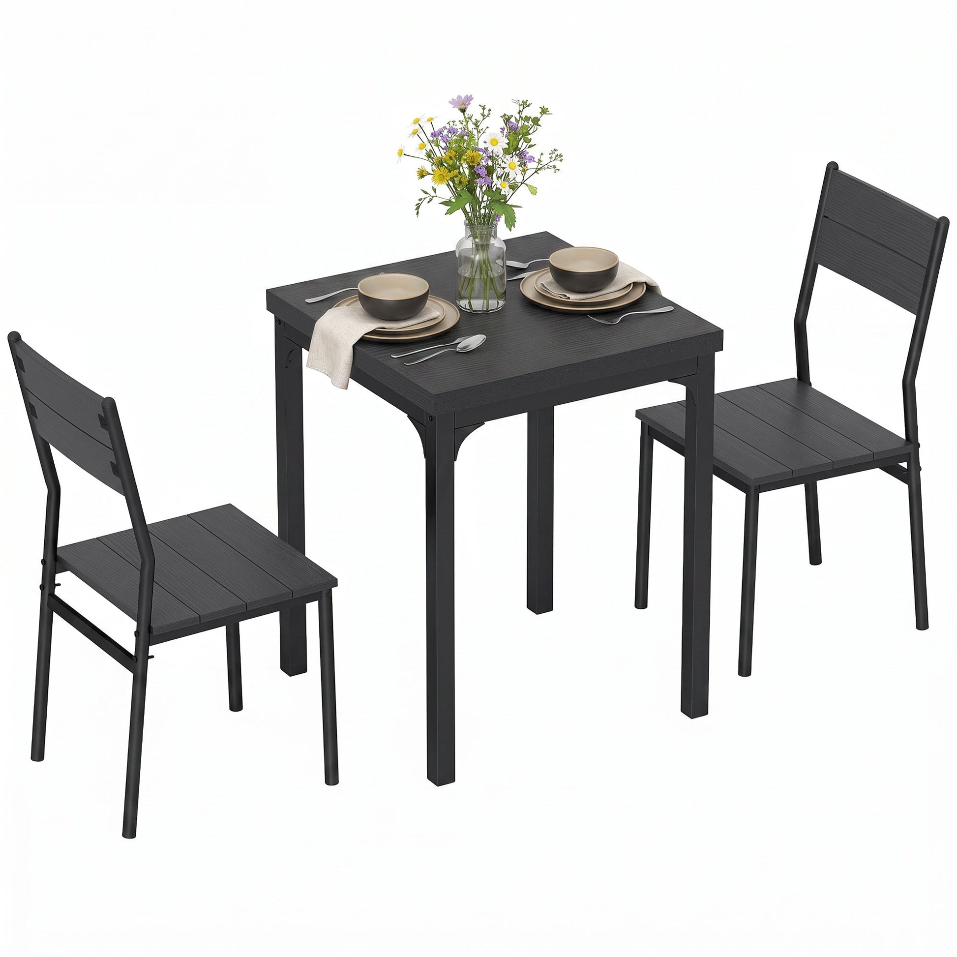 3 Pieces Modern Dining Table Set, Kitchen Table and Chairs for 2, Space Saving Design, Breakfast Nook Table Set with Steel Legs for Kitchen, Small Space, Black Wood Effect