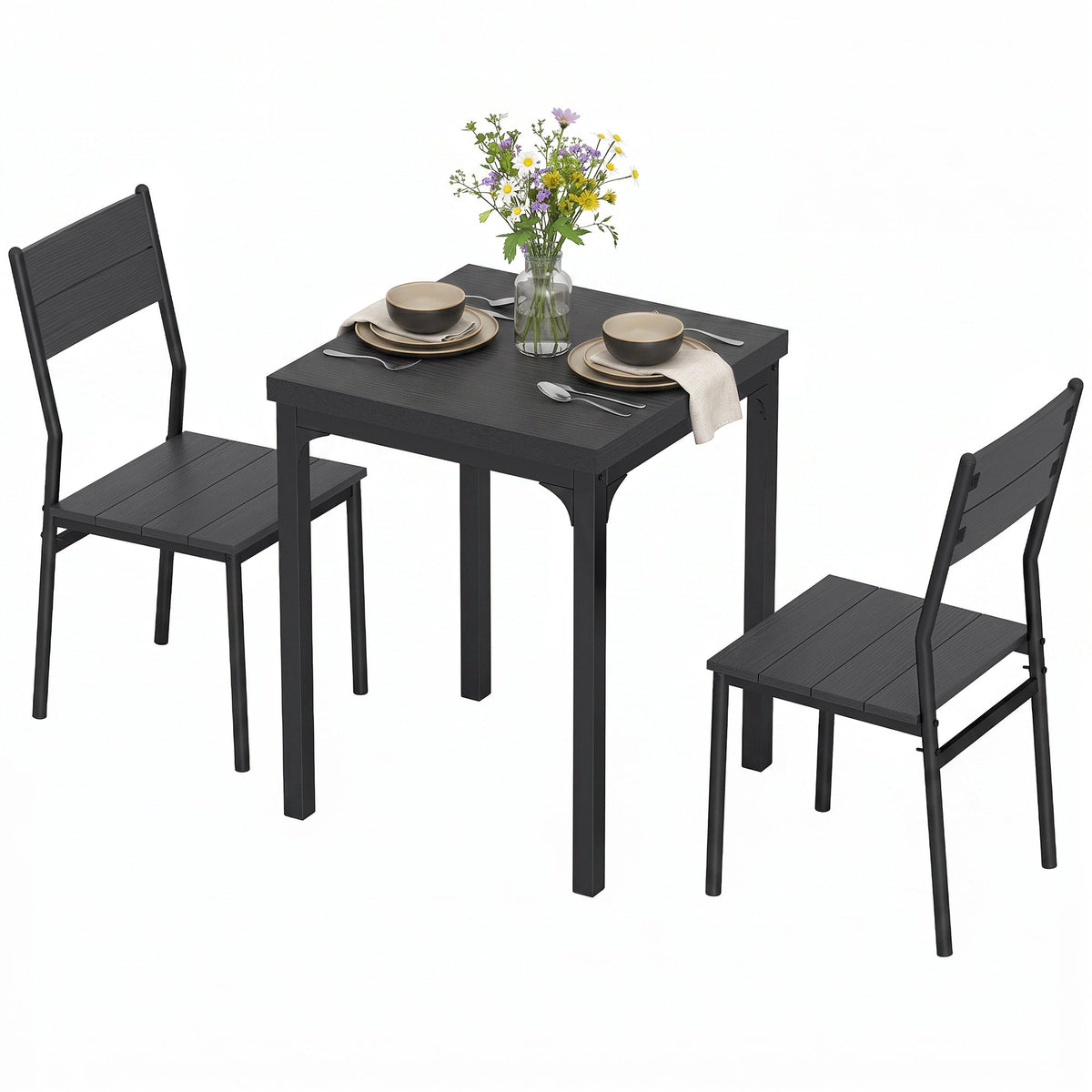 3 Pieces Modern Dining Table Set, Kitchen Table and Chairs for 2, Space Saving Design, Breakfast Nook Table Set with Steel Legs for Kitchen, Small Space, Black Wood Effect