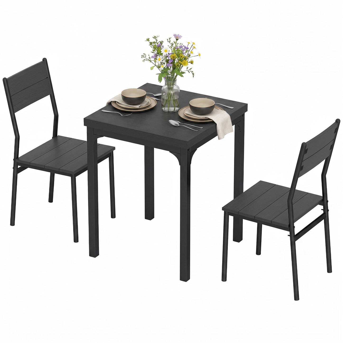 3 Pieces Modern Dining Table Set, Kitchen Table and Chairs for 2, Space Saving Design, Breakfast Nook Table Set with Steel Legs for Kitchen, Small Space, Black Wood Effect
