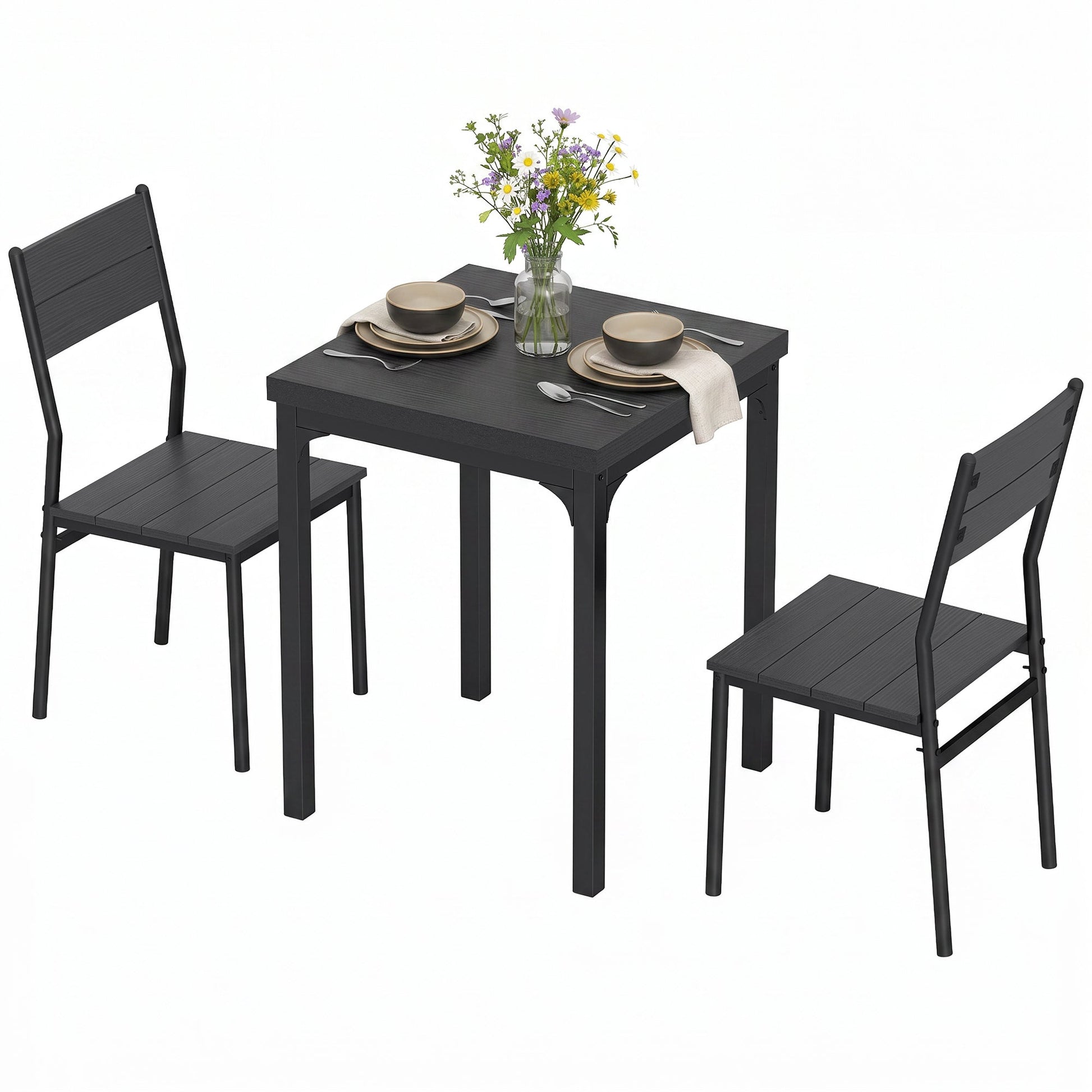 3 Pieces Modern Dining Table Set, Kitchen Table and Chairs for 2, Space Saving Design, Breakfast Nook Table Set with Steel Legs for Kitchen, Small Space, Black Wood Effect