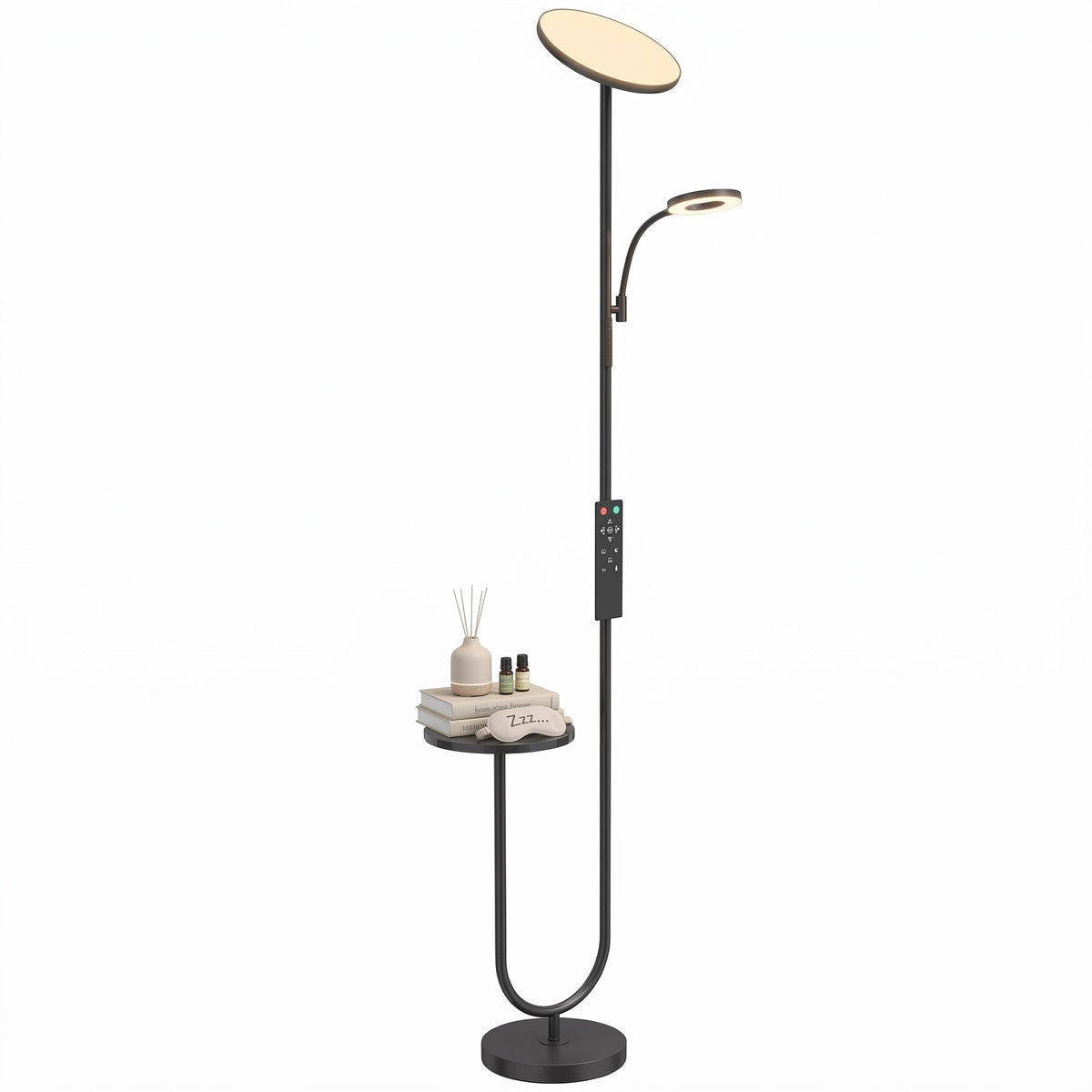 LED Uplighter Floor Lamp with Table, Dual Light Dimmable Standing Lamp with Magnetic Remote, 4 Colour Temperatures,  Adjustable Reading Light for Bedroom Living Room, Black