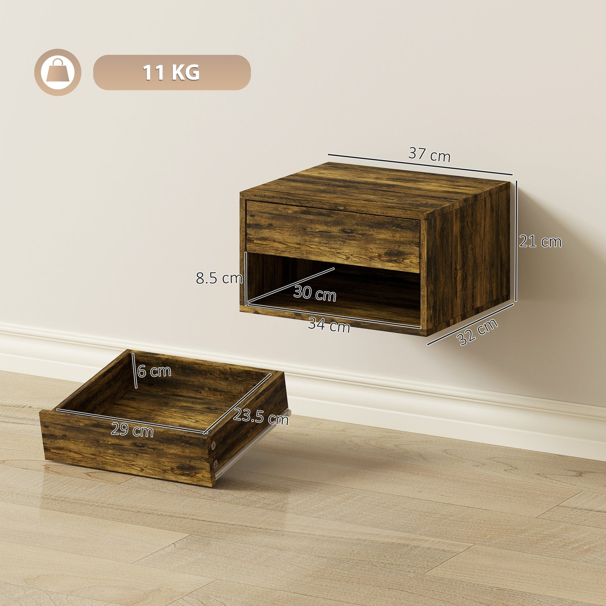 Floating Bedside Tables Set of 2, Wall Mounted Nightstand with Drawer and Open Shelf for Bedroom, Rustic Brown
