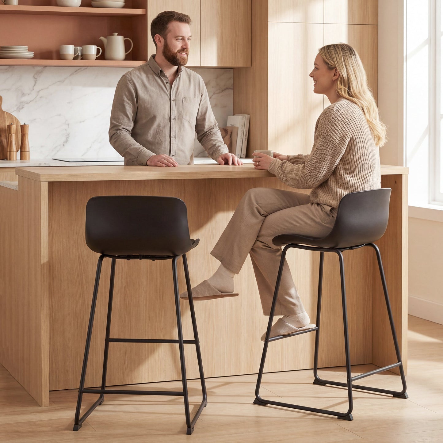 Modern Bar Stools Set of 2, PU Leather Upholstered Barstools, Counter Height Kitchen Chairs with Footrest for Breakfast Bars, Dining Room, Black