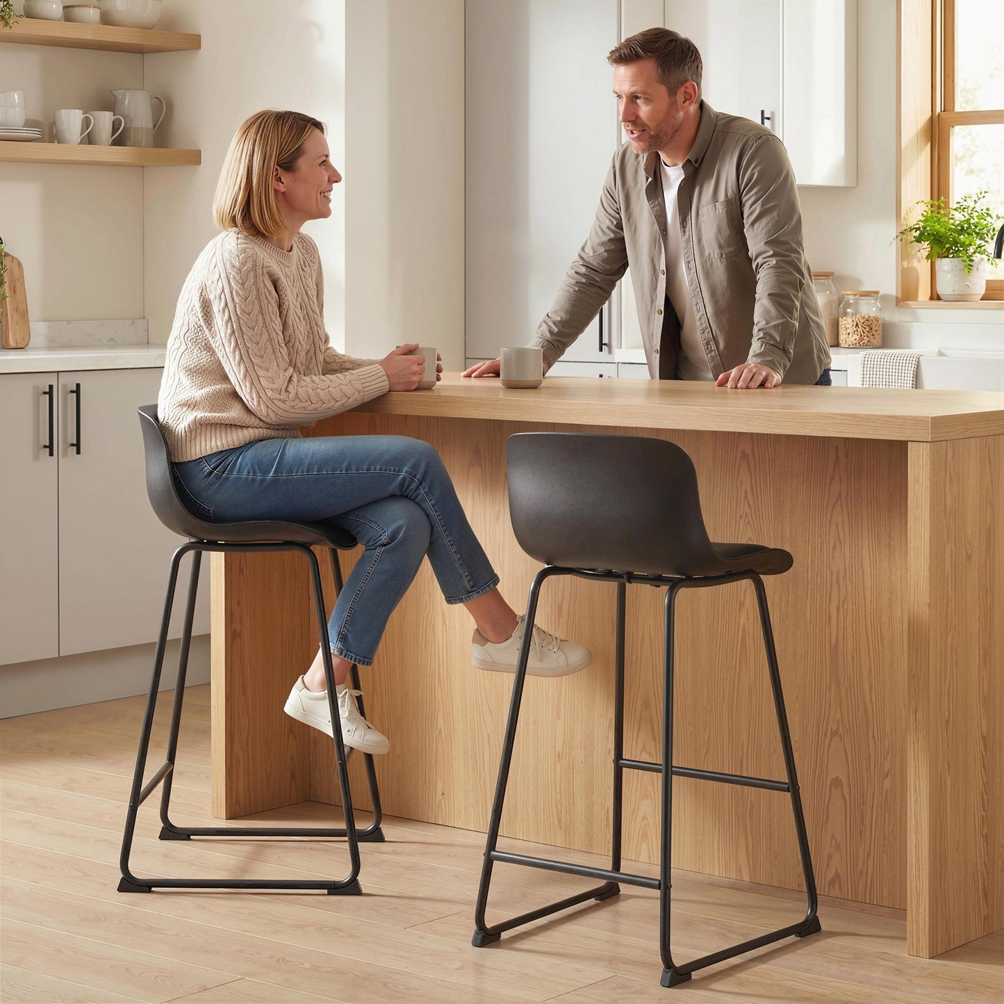 Modern Bar Stools Set of 2, PU Leather Upholstered Barstools, Counter Height Kitchen Chairs with Footrest for Breakfast Bars, Dining Room, Black
