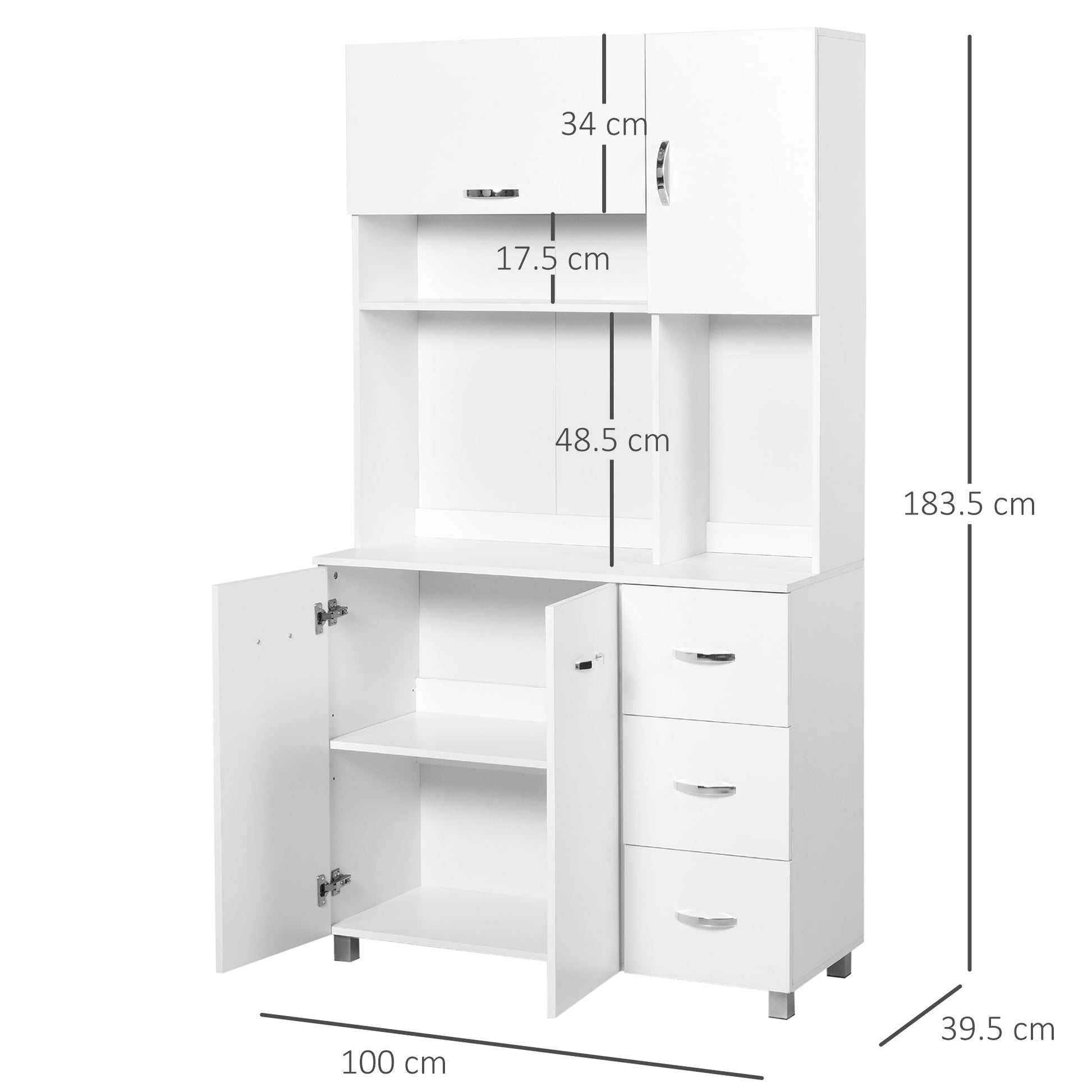 Kitchen Cupboard, 183cm Tall Storage Cabinet with Countertop, Sideboard with 3 Small Drawers, Flip Up Top Door, 3 Cabinet Doors and Open Shelves, 100W x 39.5D x 183.5H cm, White
