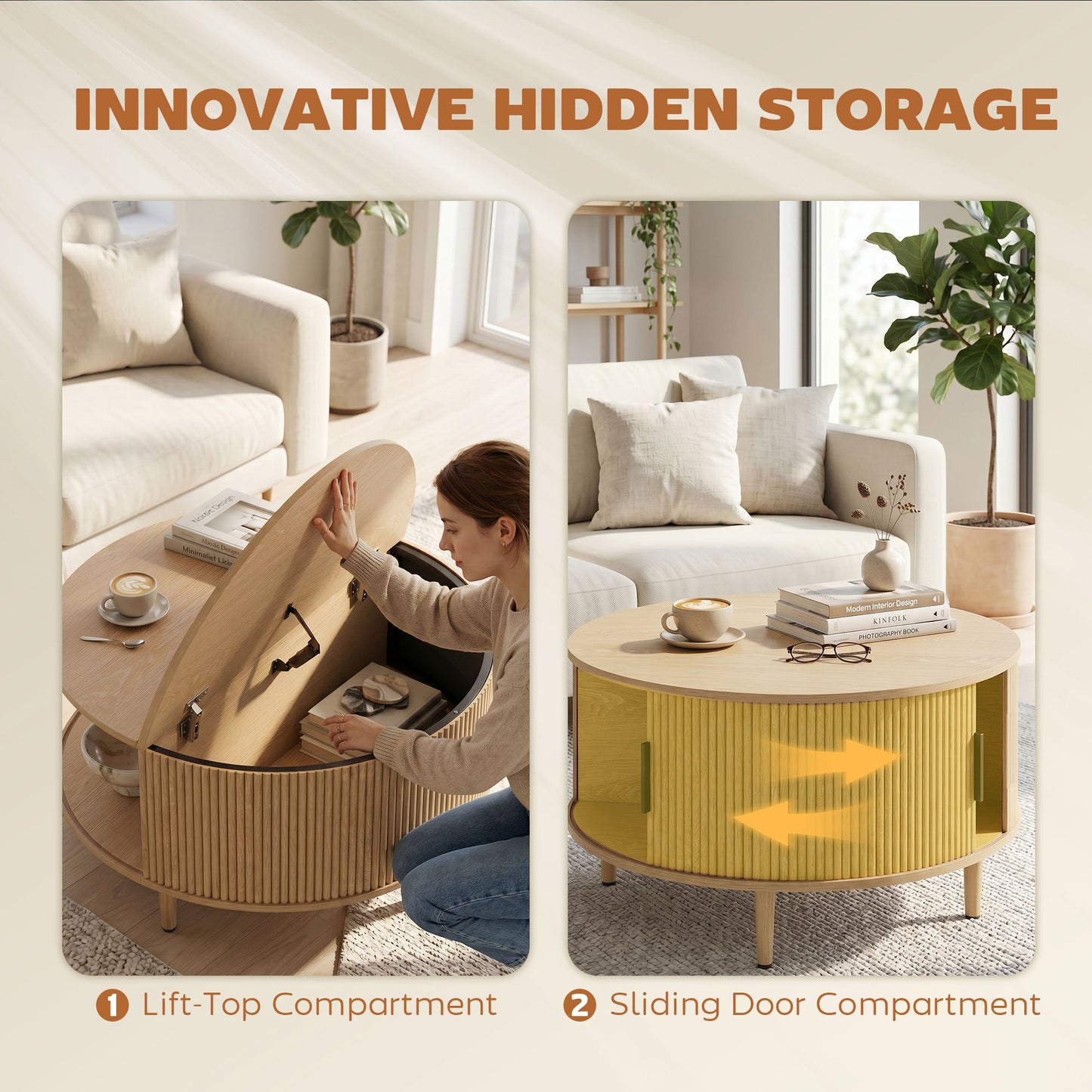 Round Coffee Table with Storage, 80 cm Modern Centre Table with Fluted Sliding Cabinet Door and Lift Top, Wood Circle Drum Table for Living Room, Natural Wood
