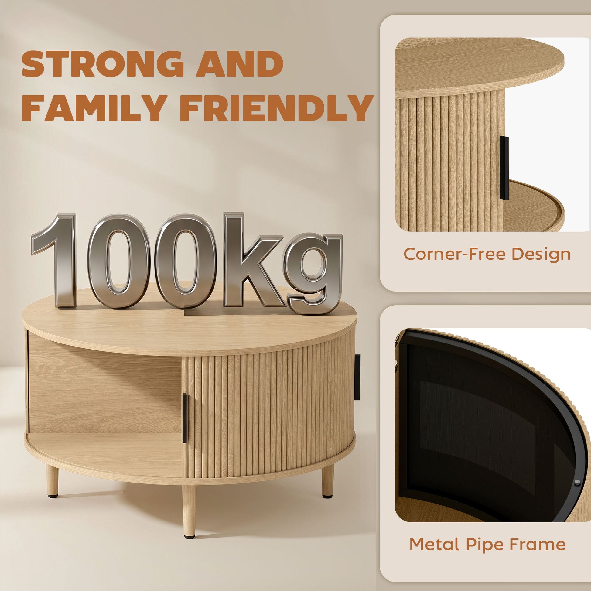Round Coffee Table with Storage, 80 cm Modern Centre Table with Fluted Sliding Cabinet Door and Lift Top, Wood Circle Drum Table for Living Room, Natural Wood