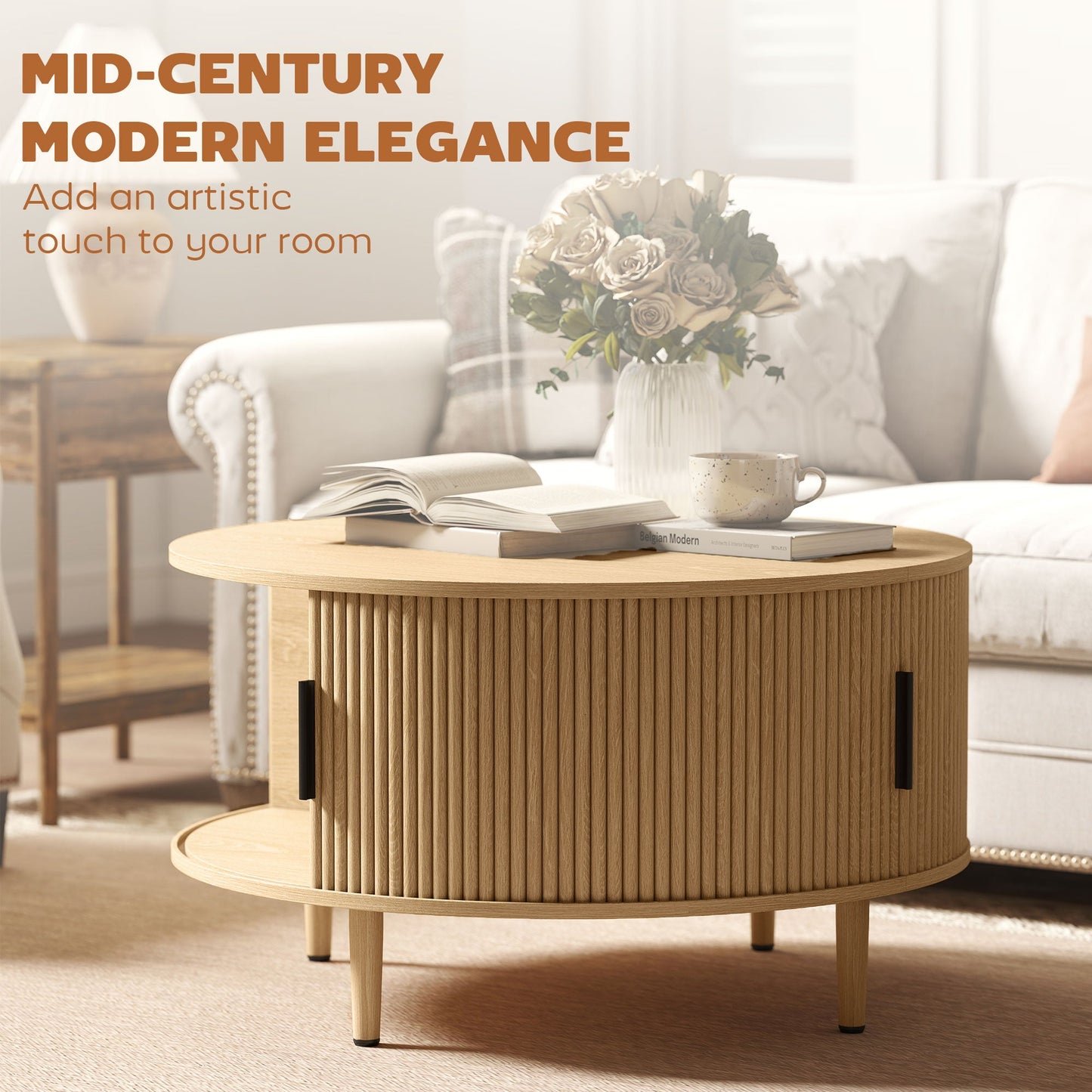Round Coffee Table with Storage, 80 cm Modern Centre Table with Fluted Sliding Cabinet Door and Lift Top, Wood Circle Drum Table for Living Room, Natural Wood