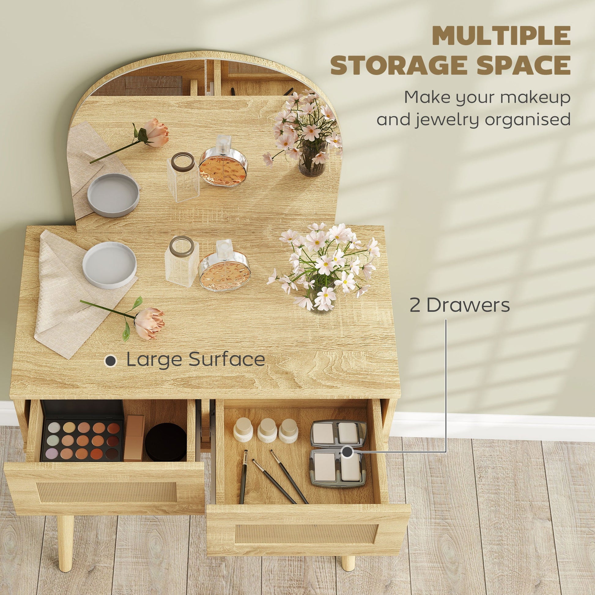 Dressing Table with Arched Mirror, Modern Compact Vanity Desk with 2 Drawers, Makeup Desk for Bedroom, Small Spaces, Women and Girls, Natural Wood Finish