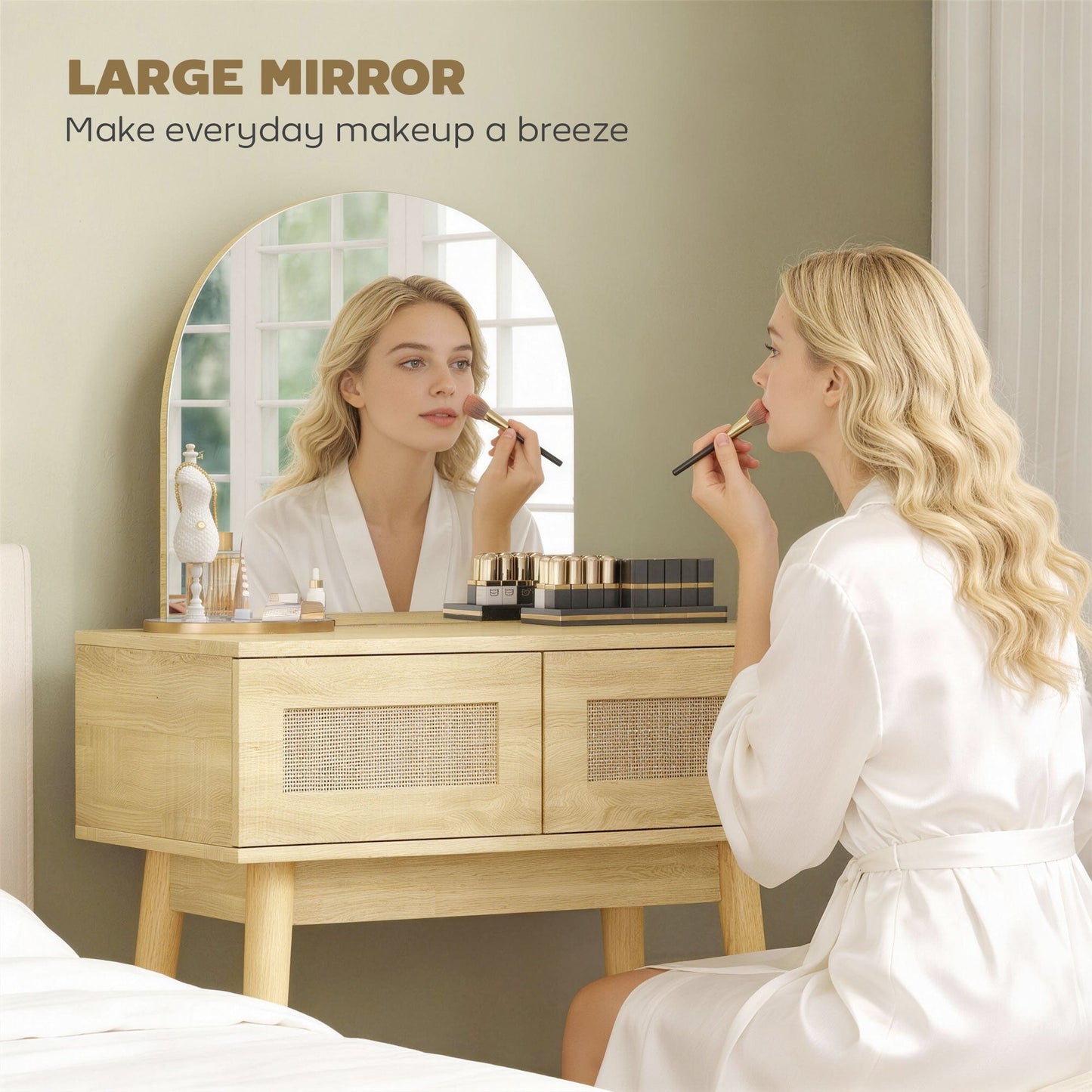Dressing Table with Arched Mirror, Modern Compact Vanity Desk with 2 Drawers, Makeup Desk for Bedroom, Small Spaces, Women and Girls, Natural Wood Finish