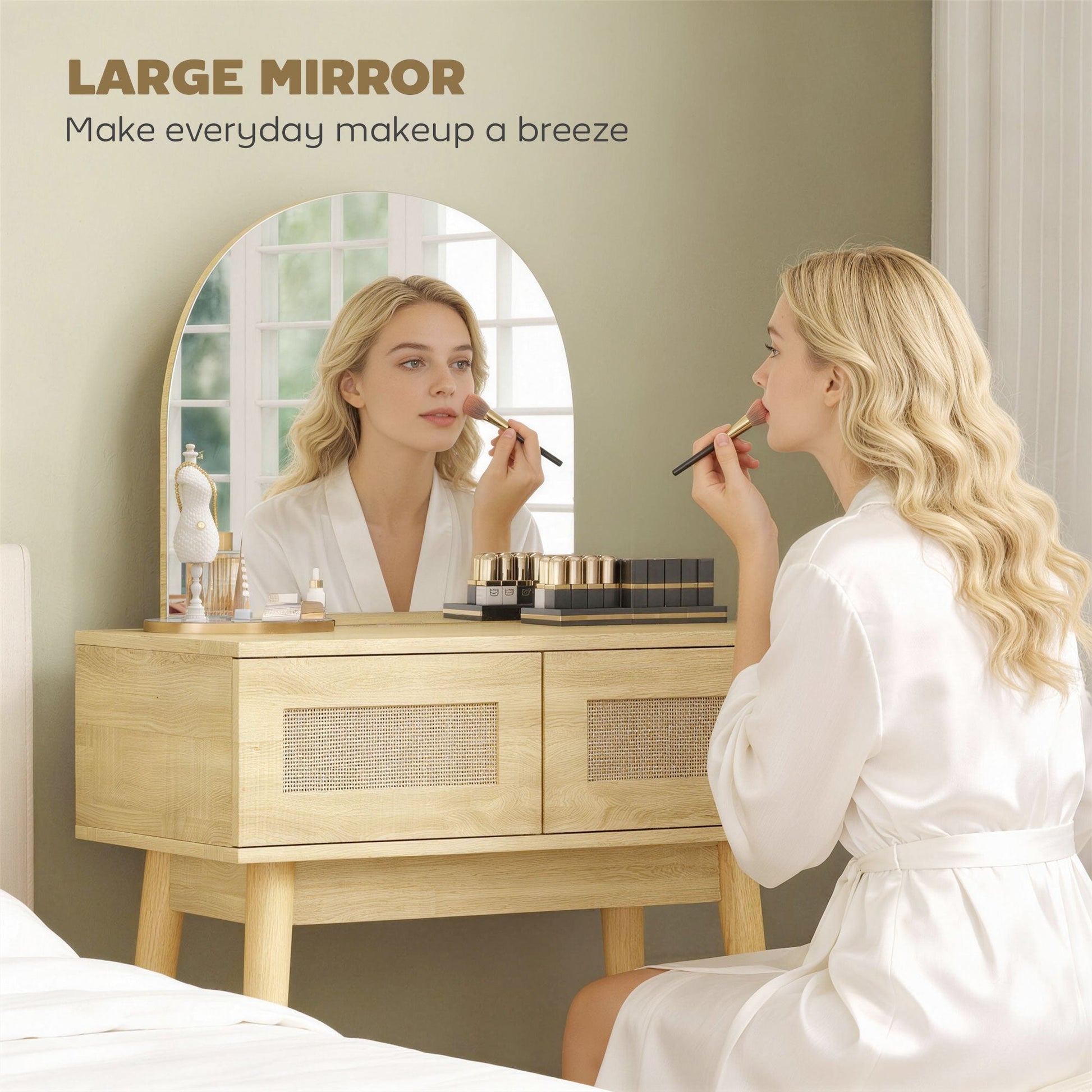Dressing Table with Arched Mirror, Modern Compact Vanity Desk with 2 Drawers, Makeup Desk for Bedroom, Small Spaces, Women and Girls, Natural Wood Finish