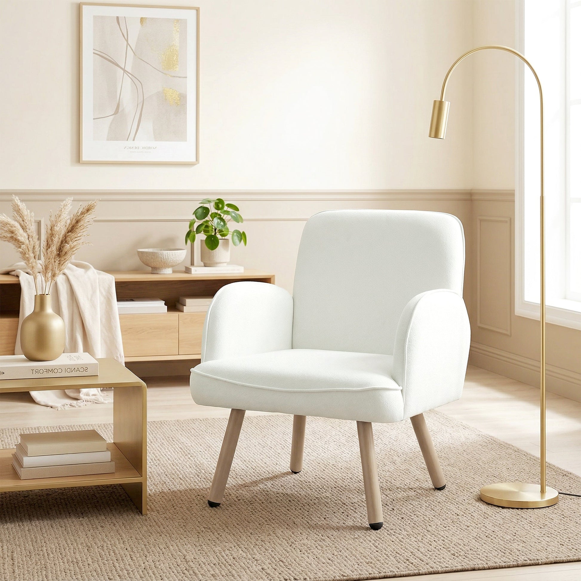 Modern Lounge Chair, Velvet Upholstered Bedroom Lounge Seat with Spring Cushion, Carbon Steel Frame, Armchair with Adjustable Feet, for Living Room, Bedroom, Study, Office, Cream White
