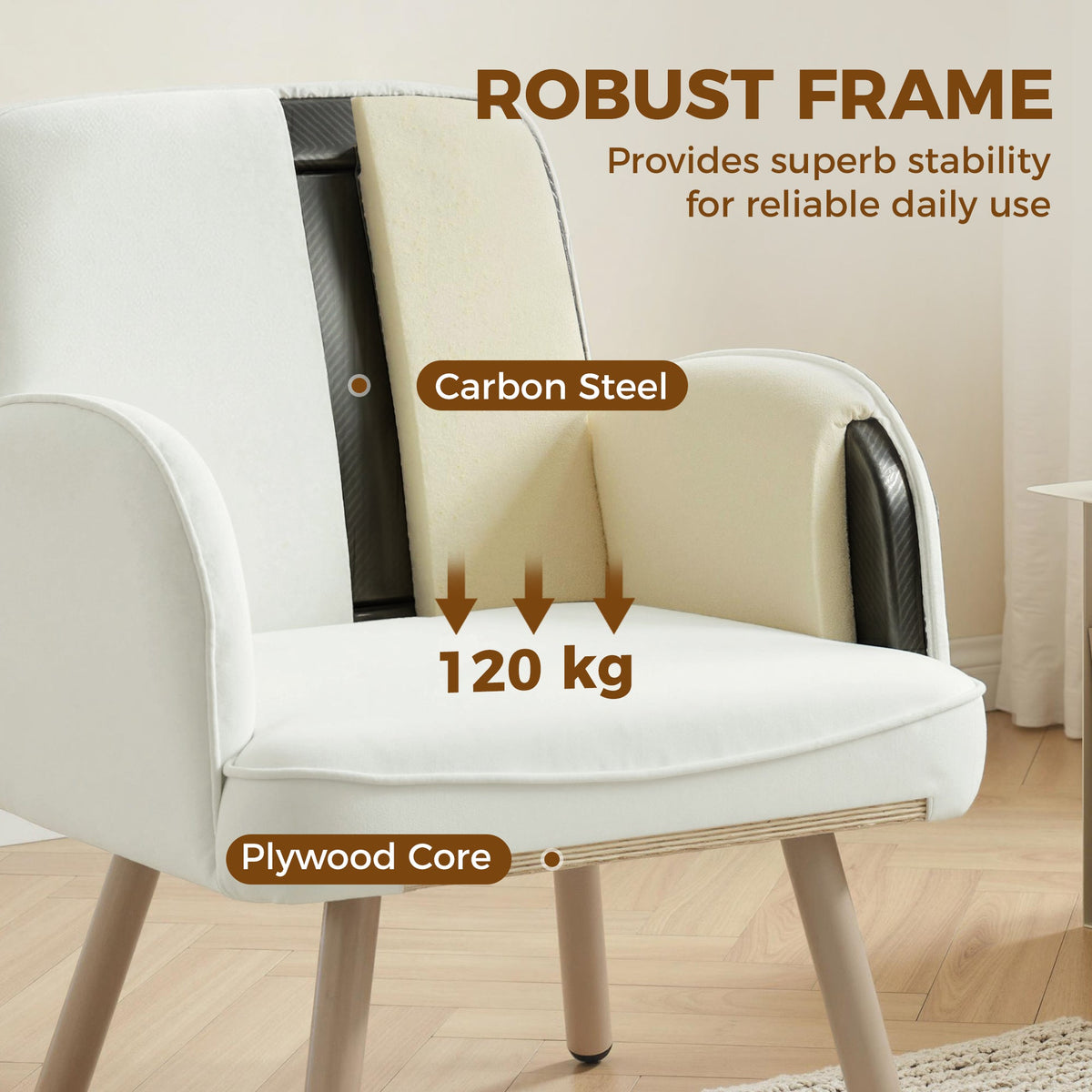 Modern Lounge Chair, Velvet Upholstered Bedroom Lounge Seat with Spring Cushion, Carbon Steel Frame, Armchair with Adjustable Feet, for Living Room, Bedroom, Study, Office, Cream White