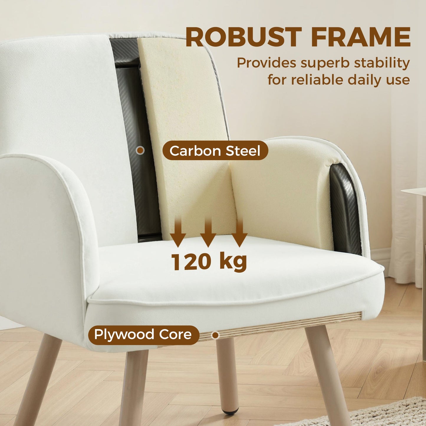 Modern Lounge Chair, Velvet Upholstered Bedroom Lounge Seat with Spring Cushion, Carbon Steel Frame, Armchair with Adjustable Feet, for Living Room, Bedroom, Study, Office, Cream White