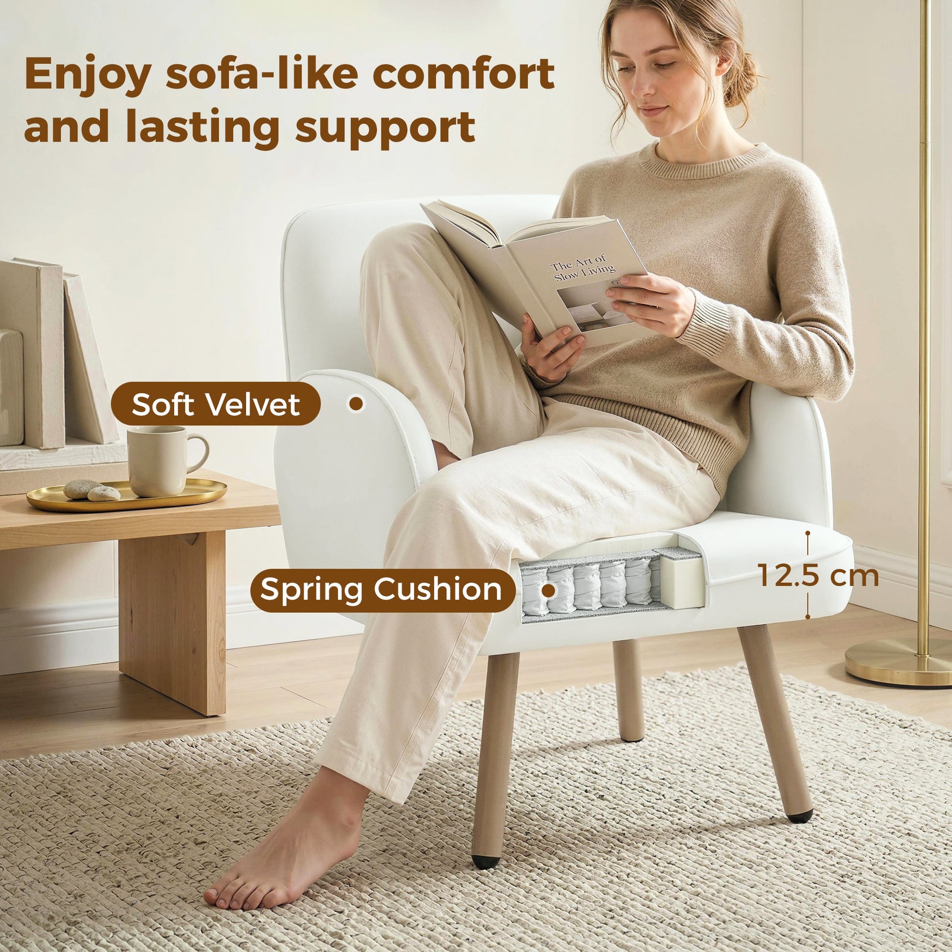 Modern Lounge Chair, Velvet Upholstered Bedroom Lounge Seat with Spring Cushion, Carbon Steel Frame, Armchair with Adjustable Feet, for Living Room, Bedroom, Study, Office, Cream White
