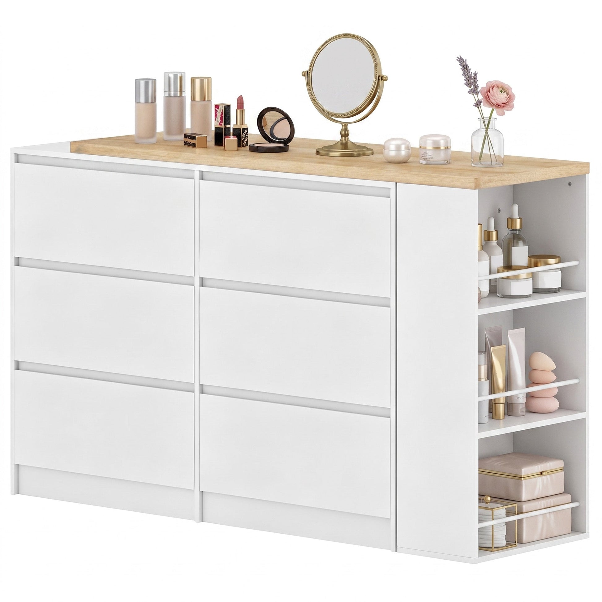 Dressing Table with 6 Drawers, 3-Tier Shelf, Straight or L-Shaped Layout, Makeup Desk for Bedroom, White