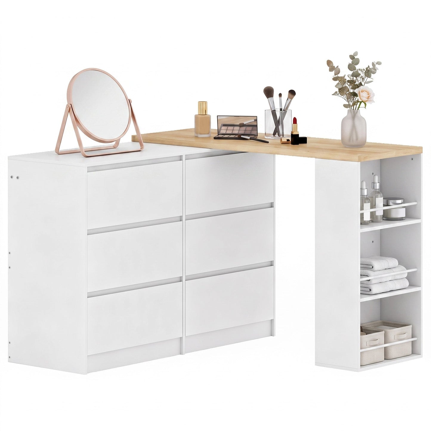 Dressing Table with 6 Drawers, 3-Tier Shelf, Straight or L-Shaped Layout, Makeup Desk for Bedroom, White