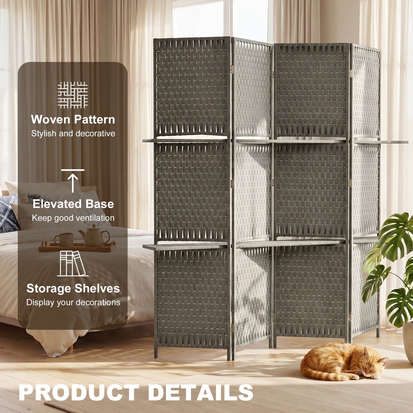 4-Panel Room Divider with Shelves, Wave Fibre Freestanding Folding Privacy Screen Panels, Partition Wall Divider for Indoor Bedroom Office, 180 cm, Grey