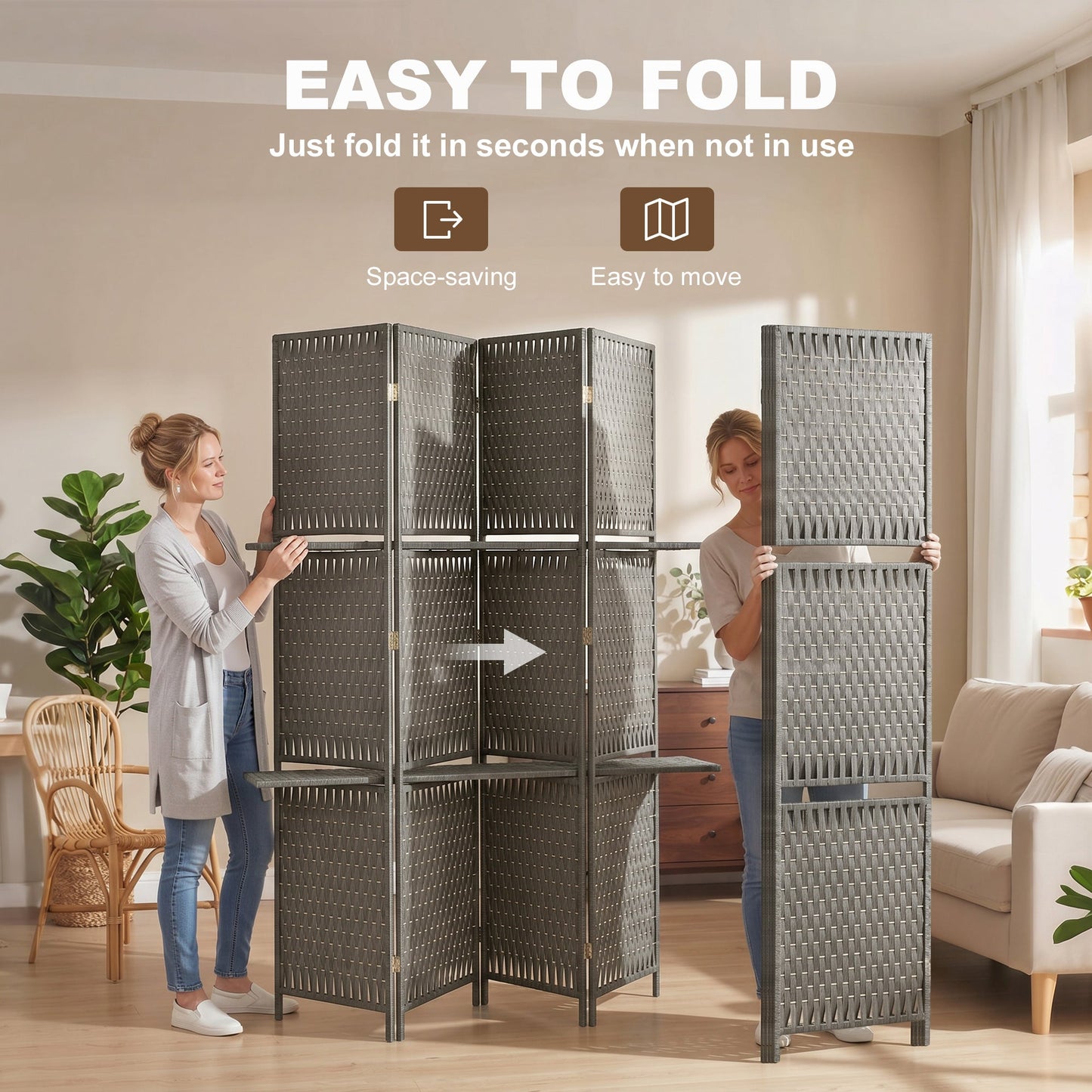 4-Panel Room Divider with Shelves, Wave Fibre Freestanding Folding Privacy Screen Panels, Partition Wall Divider for Indoor Bedroom Office, 180 cm, Grey