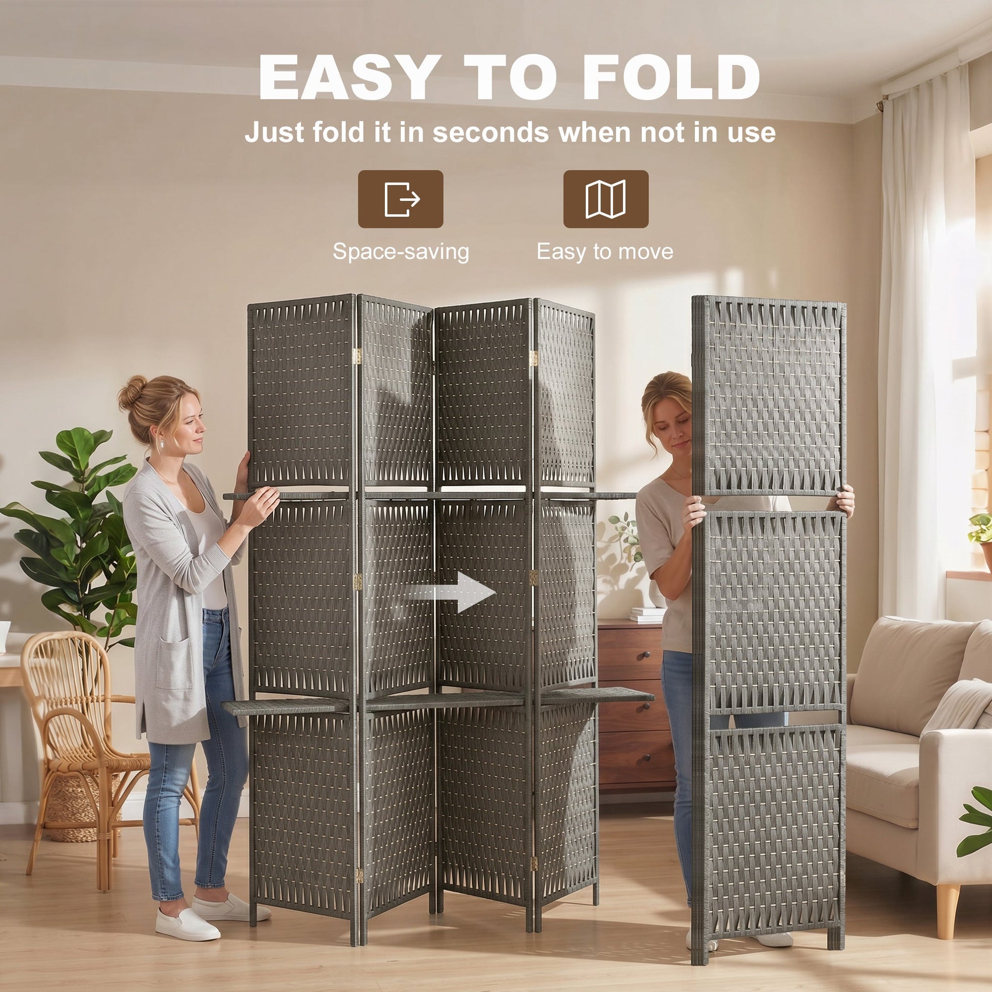 4-Panel Room Divider with Shelves, Wave Fibre Freestanding Folding Privacy Screen Panels, Partition Wall Divider for Indoor Bedroom Office, 180 cm, Grey