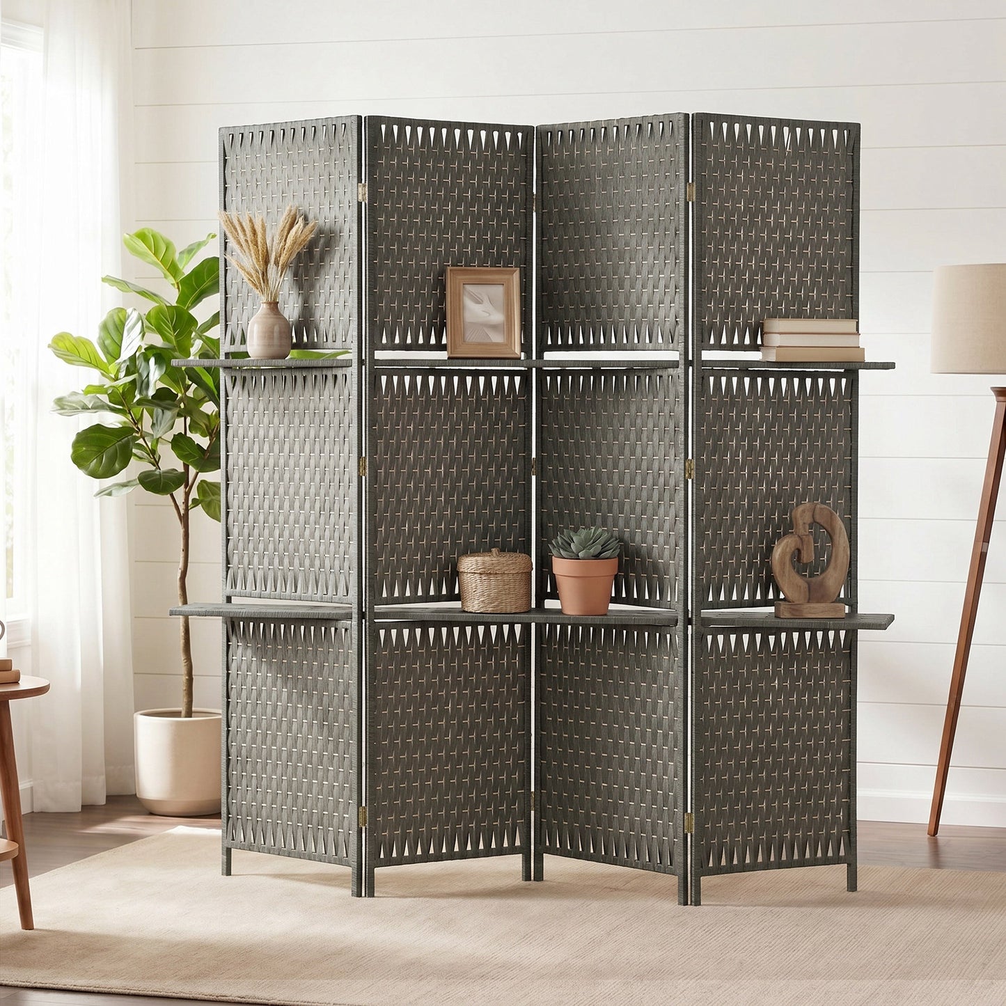 4-Panel Room Divider with Shelves, Wave Fibre Freestanding Folding Privacy Screen Panels, Partition Wall Divider for Indoor Bedroom Office, 180 cm, Grey