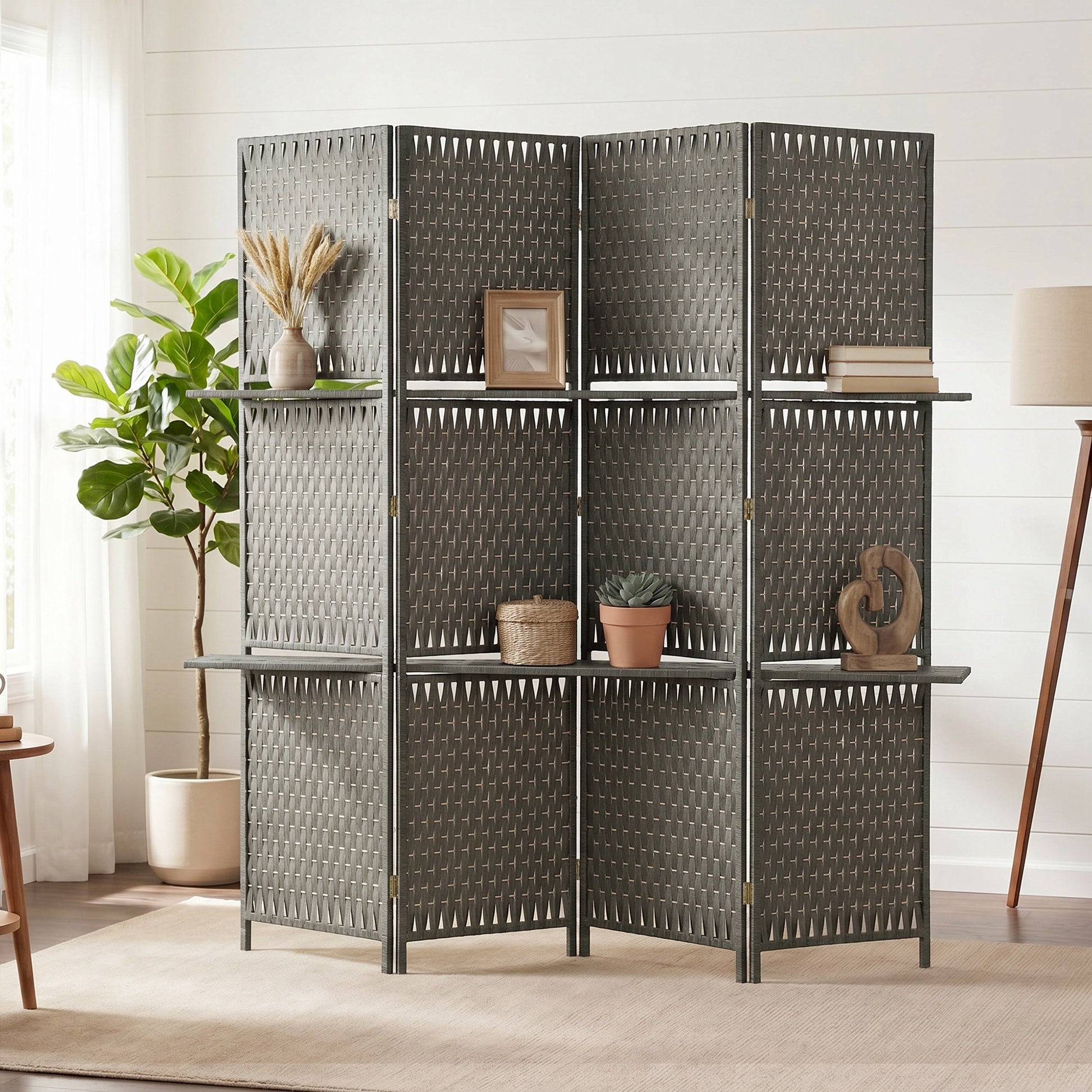 4-Panel Room Divider with Shelves, Wave Fibre Freestanding Folding Privacy Screen Panels, Partition Wall Divider for Indoor Bedroom Office, 180 cm, Grey