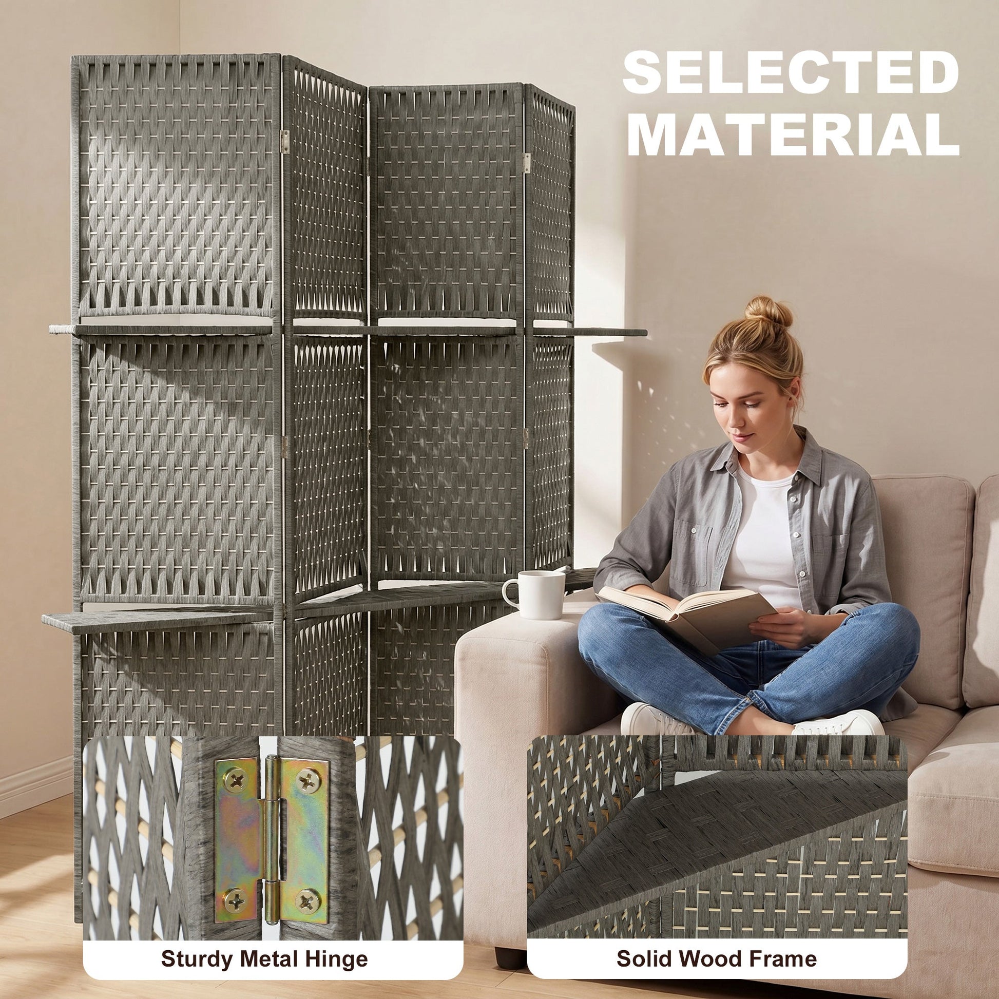 4-Panel Room Divider with Shelves, Wave Fibre Freestanding Folding Privacy Screen Panels, Partition Wall Divider for Indoor Bedroom Office, 180 cm, Grey