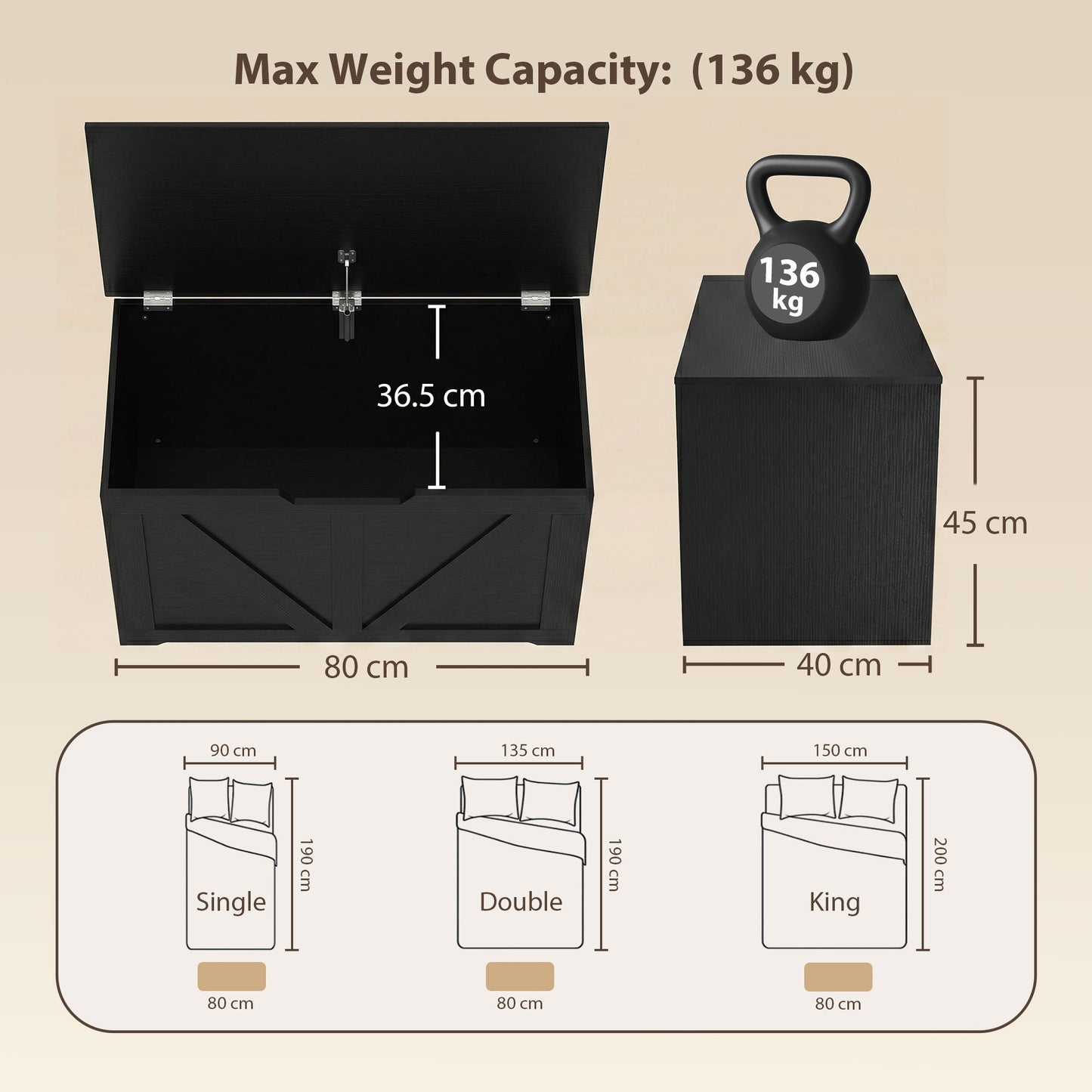 100L Storage Chest, Shoe Storage Trunk Bench Box with Safety Hinge and U-shaped Cut-out Pull, Blanket Box Ottoman for Bedroom, Living Room, Entryway, 80 x 40 x 45 cm, Black Wood-Effect