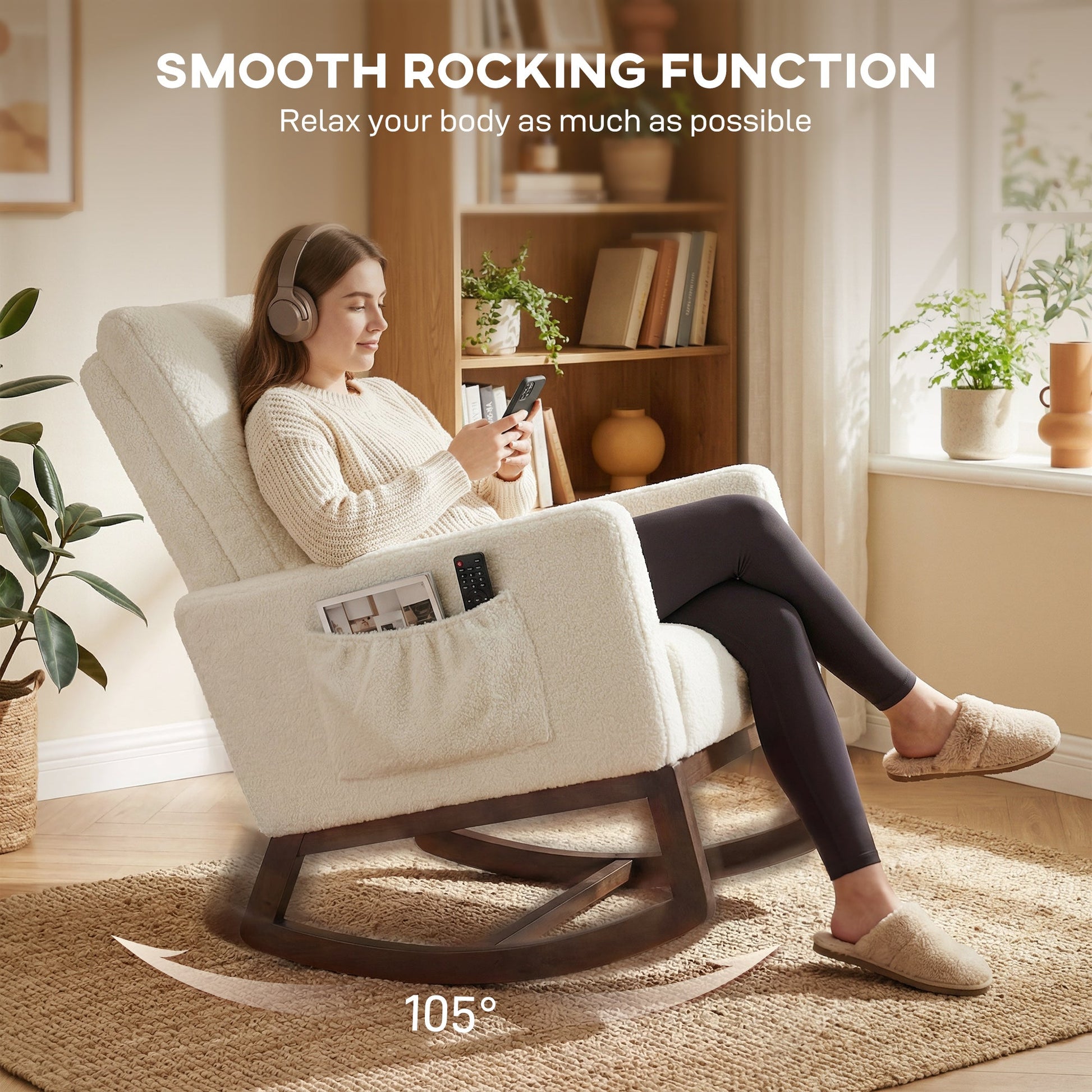 Rocking Chair for Adults, Snow Flannel Upholstered Accent Armchair with Lumbar Pillow, High Back, Wood Base, Side Pockets, Leisure Rocker Lounge Chair for Living Room, Bedroom, Cream White