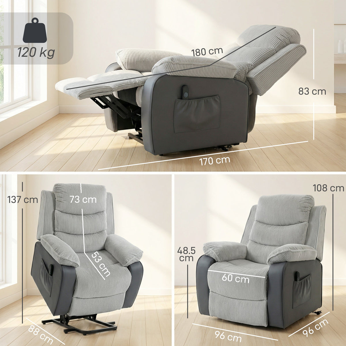 Riser Recliner Chair for Elderly, Corduroy Electric Power Lift Chair with Patchwork Design, Wide Seat, High Back, USB Port, 2 Side Pockets, Remote, Lift Armchair for Living Room, Light Grey