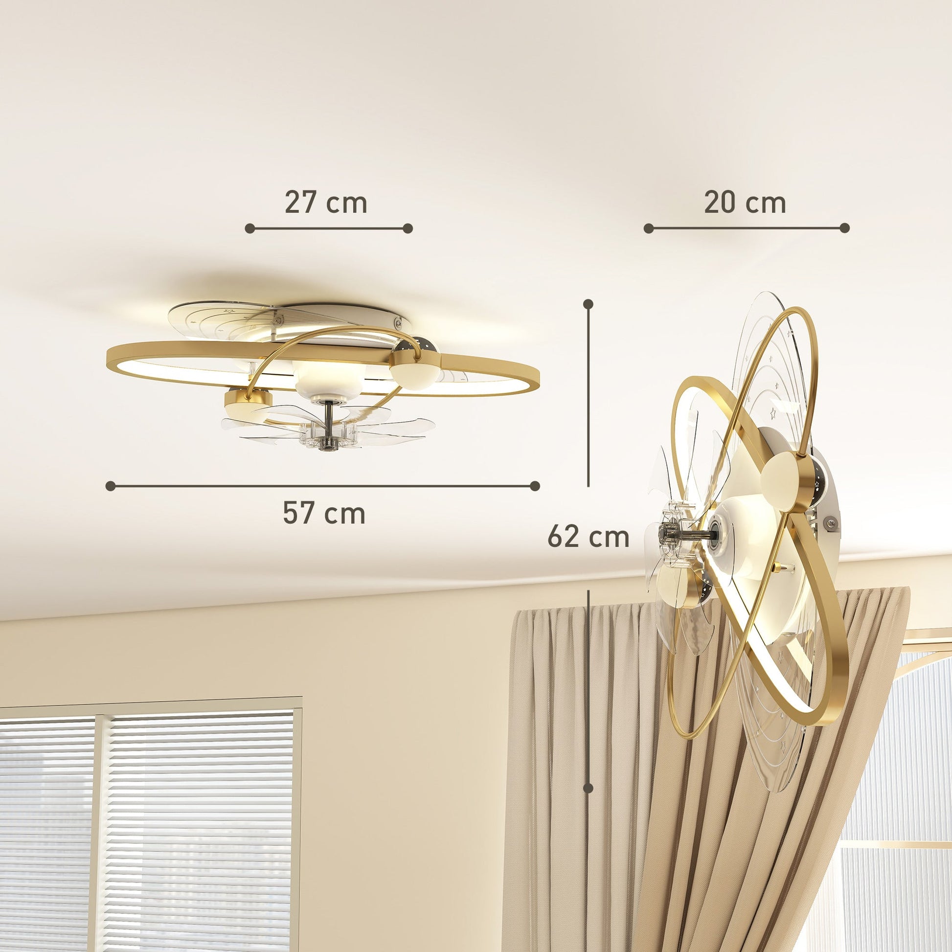 Ceiling Fans with Lights and Remote & App Control, 62 cm Modern LED Ceiling Fan Light with 3 Colour Temperatures, 6 Speed, Timer, Dimmable, Quiet Reversible DC Motor, for Bedroom, Gold Tone