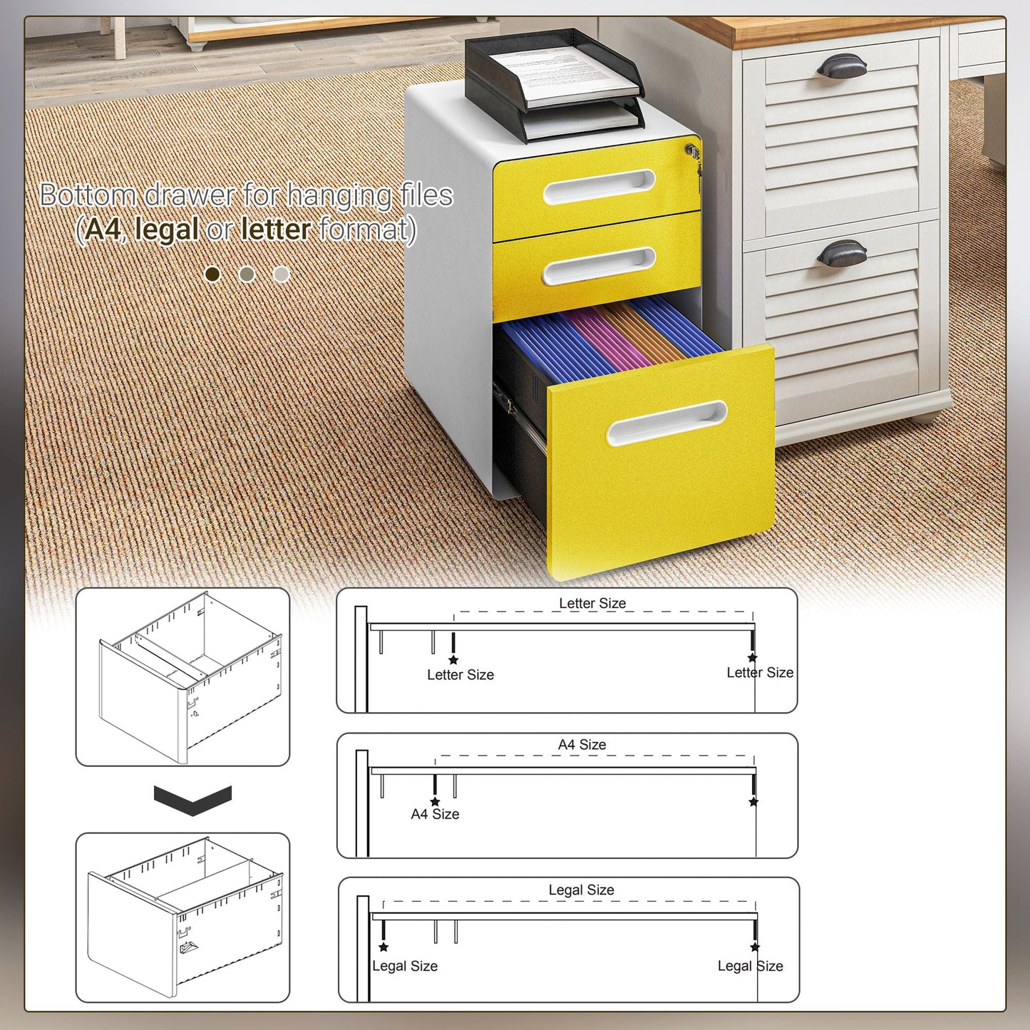 Vinsetto Lockable File Cabinet with 3 Drawers, Vertical Office Drawer for A4, Letter, Legal Size, Anti-tilt Design, Pre-Assembled Body, Yellow