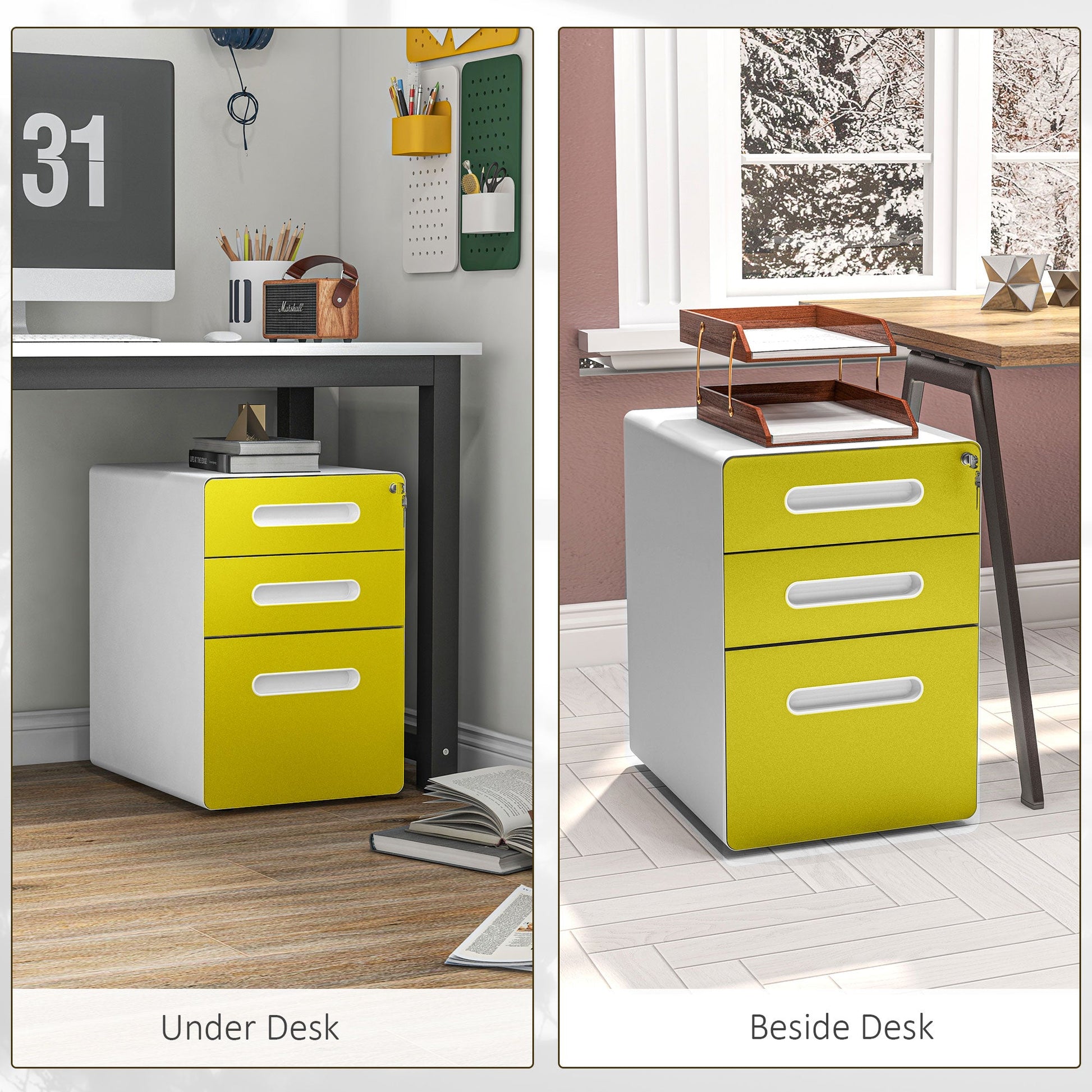 Vinsetto Lockable File Cabinet with 3 Drawers, Vertical Office Drawer for A4, Letter, Legal Size, Anti-tilt Design, Pre-Assembled Body, Yellow
